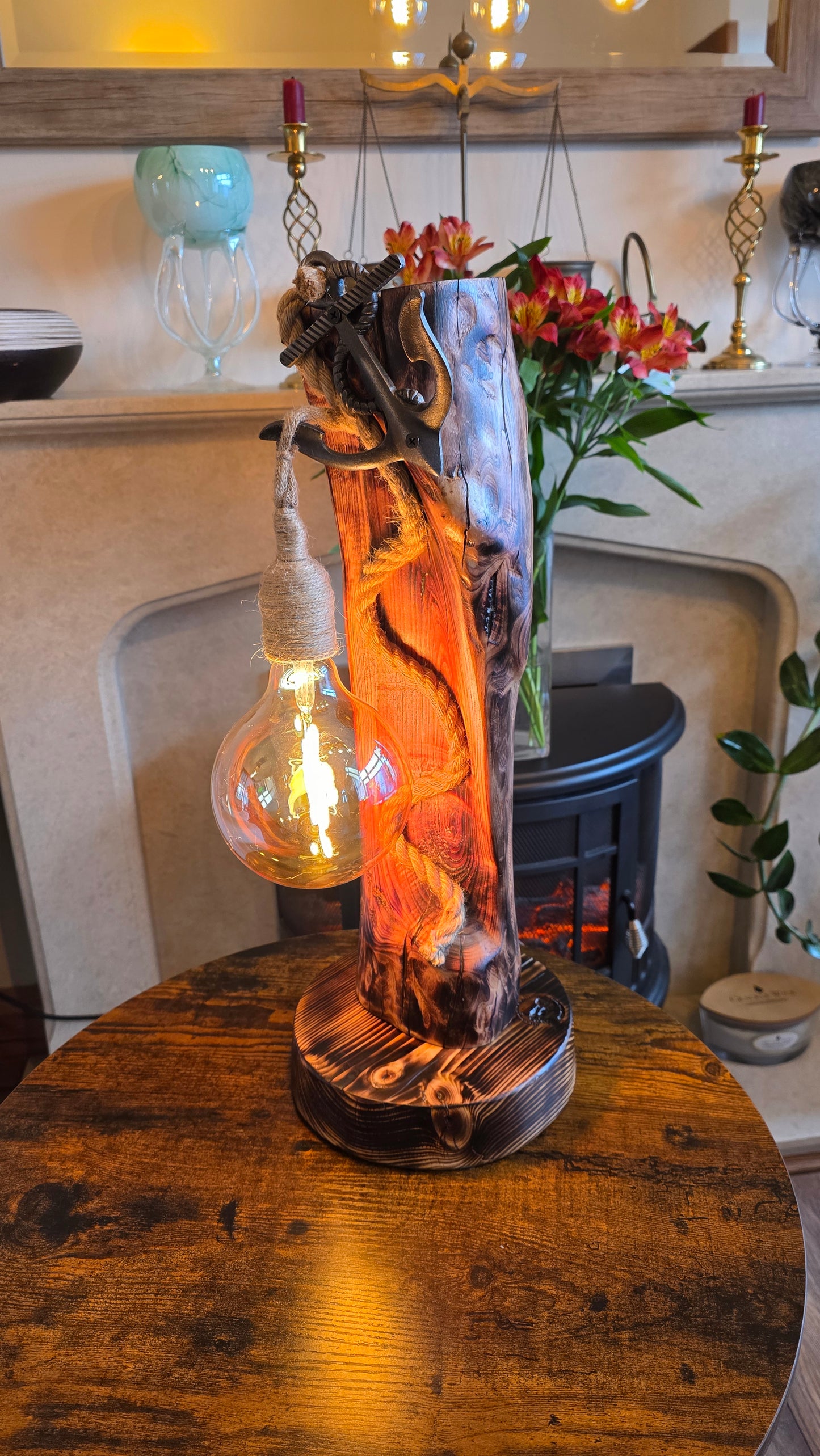 Handcrafted Solid Wood Table Lamp with Metal Anchor & Edison Bulb – Rustic Boho Style