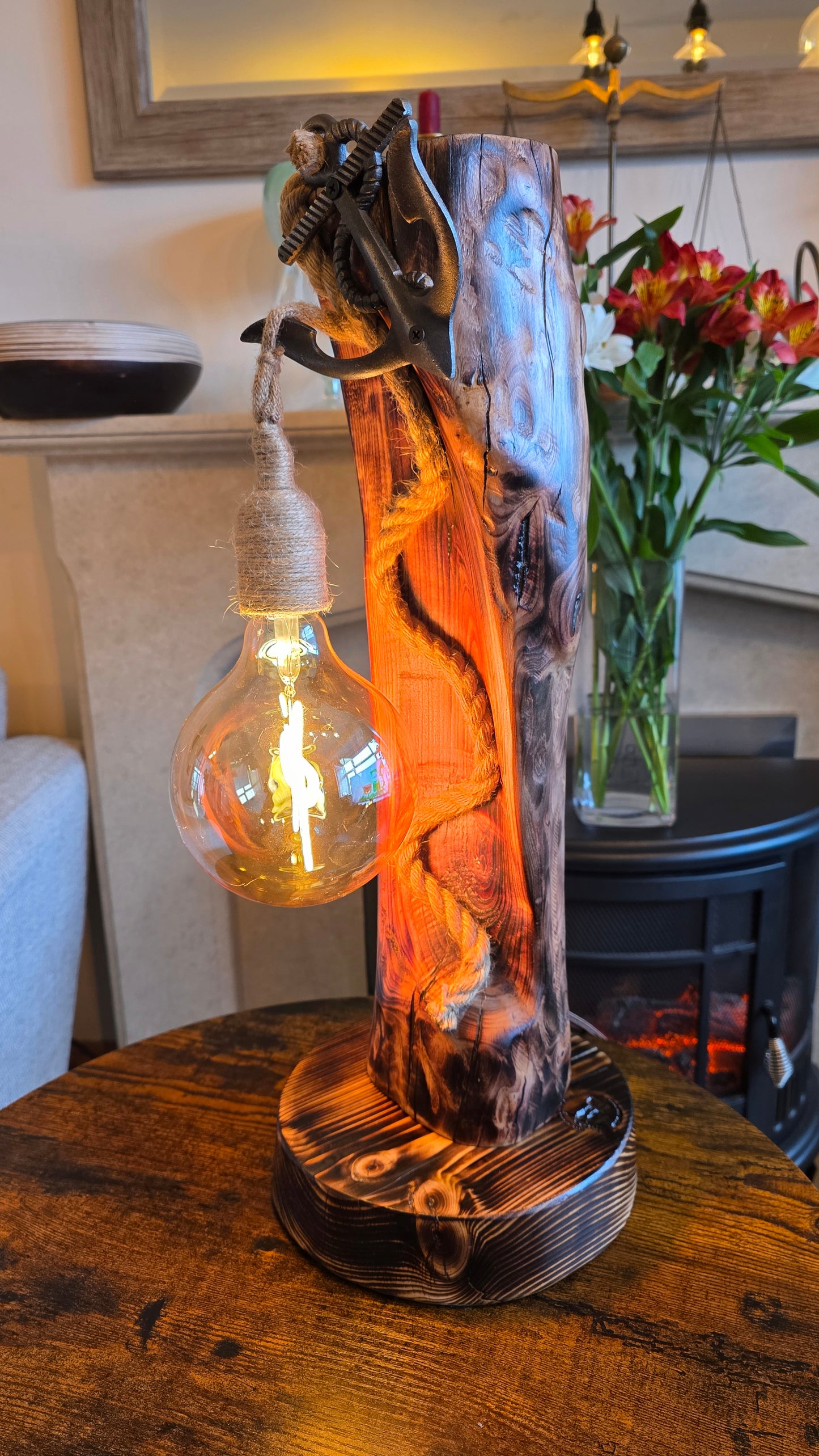 Handcrafted Solid Wood Table Lamp with Metal Anchor & Edison Bulb – Rustic Boho Style