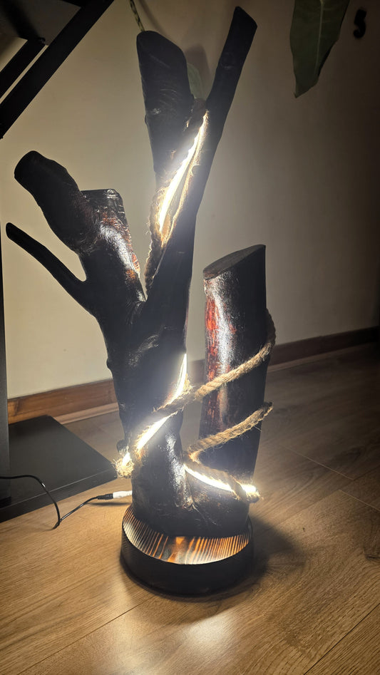 Sculptural Wooden LED Lamp with Integrated Strip Light & Jute Rope