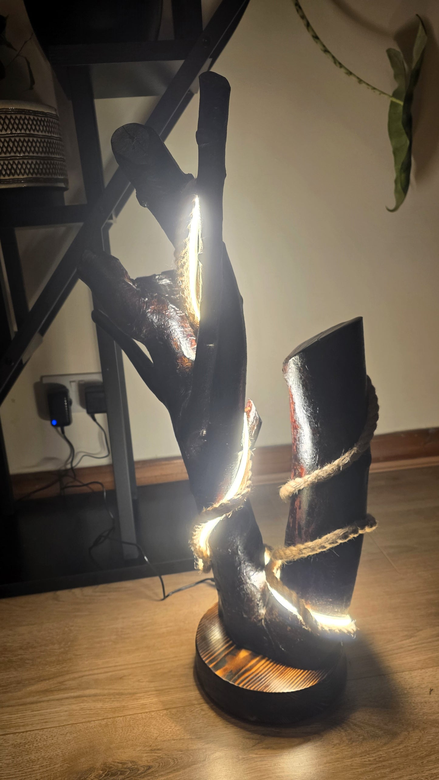 Sculptural Wooden LED Lamp with Integrated Strip Light & Jute Rope