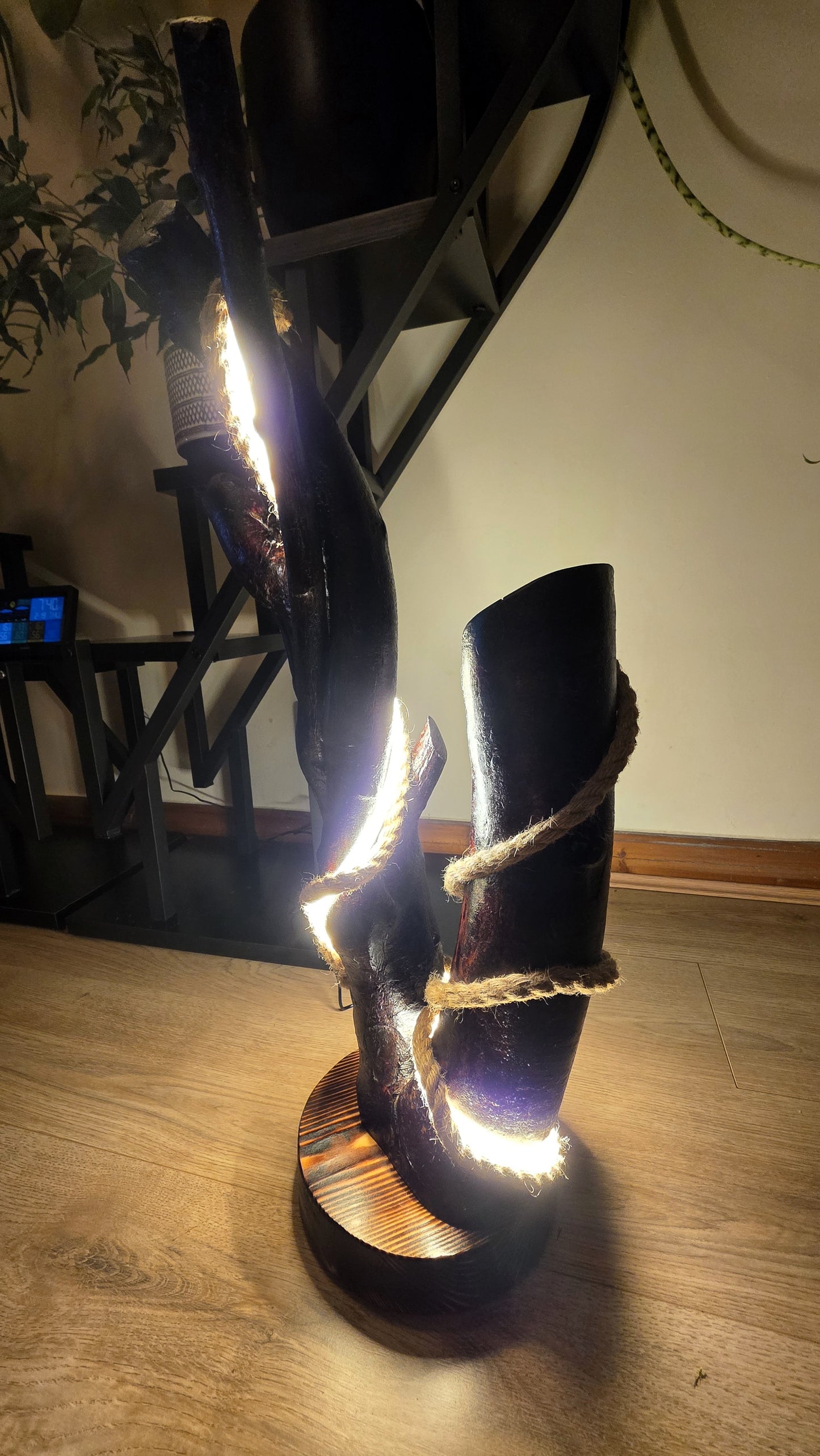 Sculptural Wooden LED Lamp with Integrated Strip Light & Jute Rope