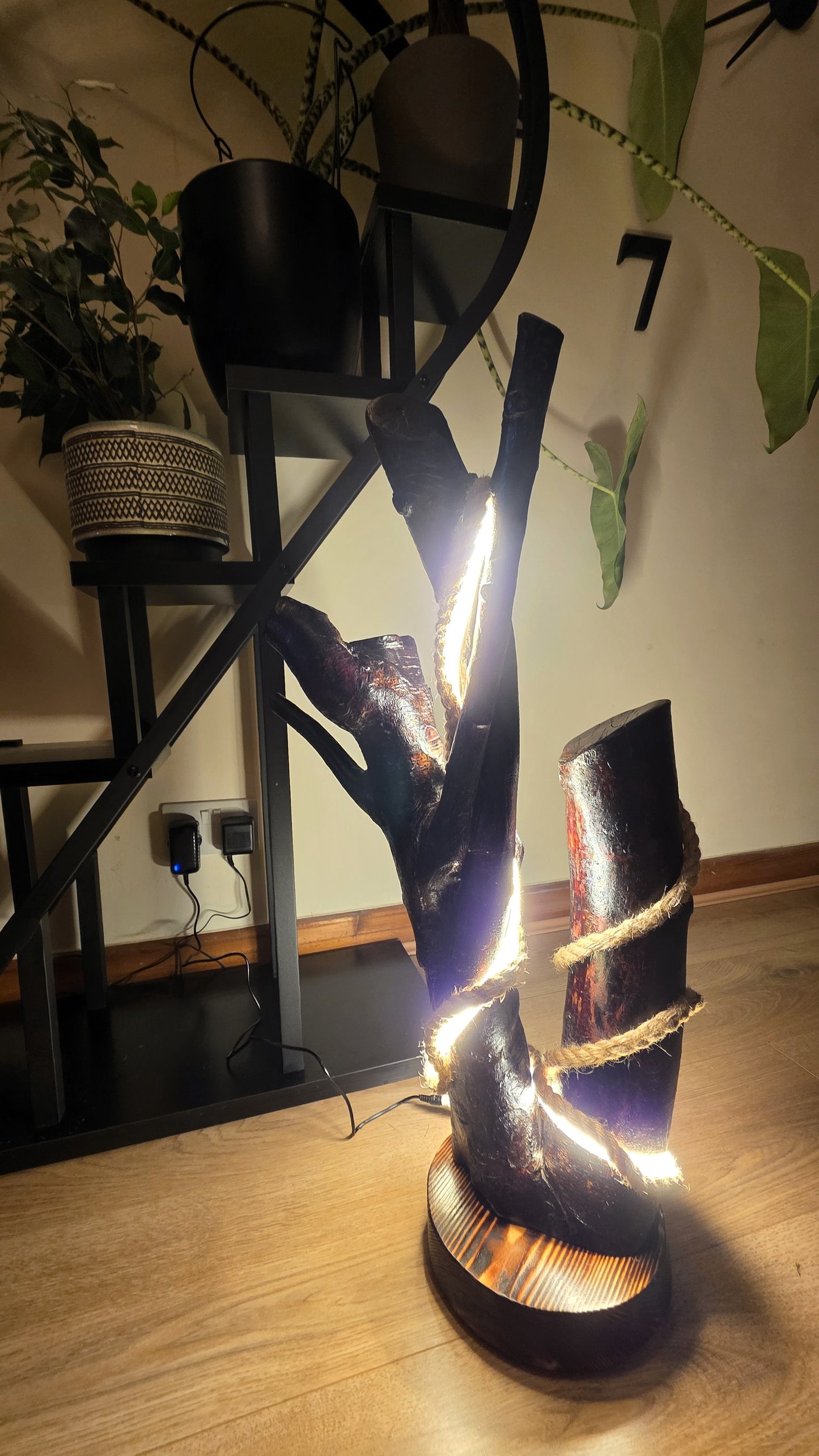 Sculptural Wooden LED Lamp with Integrated Strip Light & Jute Rope