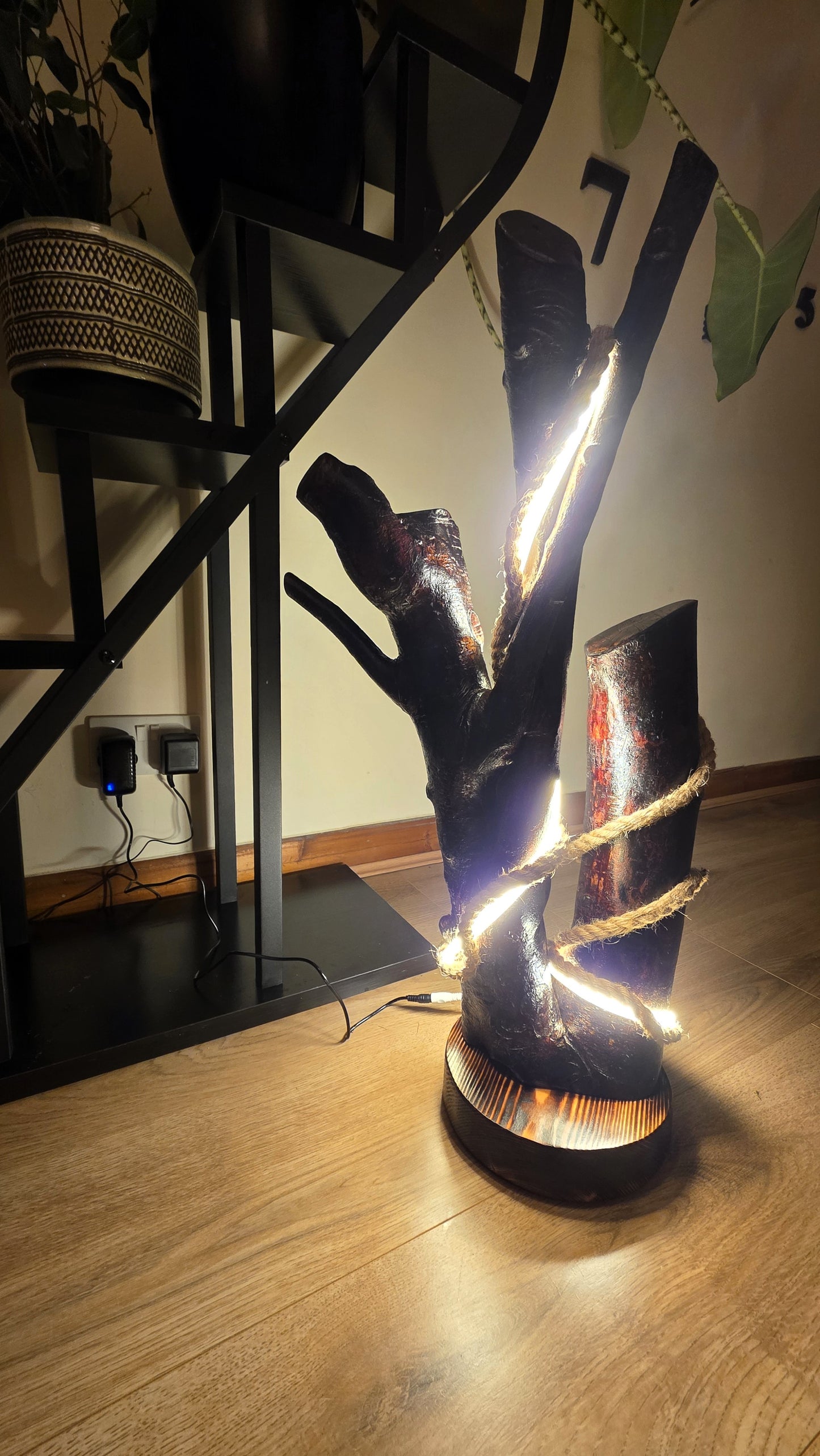 Sculptural Wooden LED Lamp with Integrated Strip Light & Jute Rope