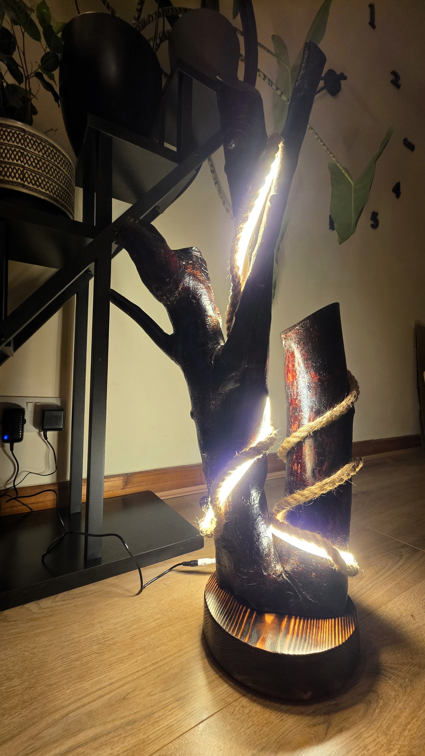 Sculptural Wooden LED Lamp with Integrated Strip Light & Jute Rope