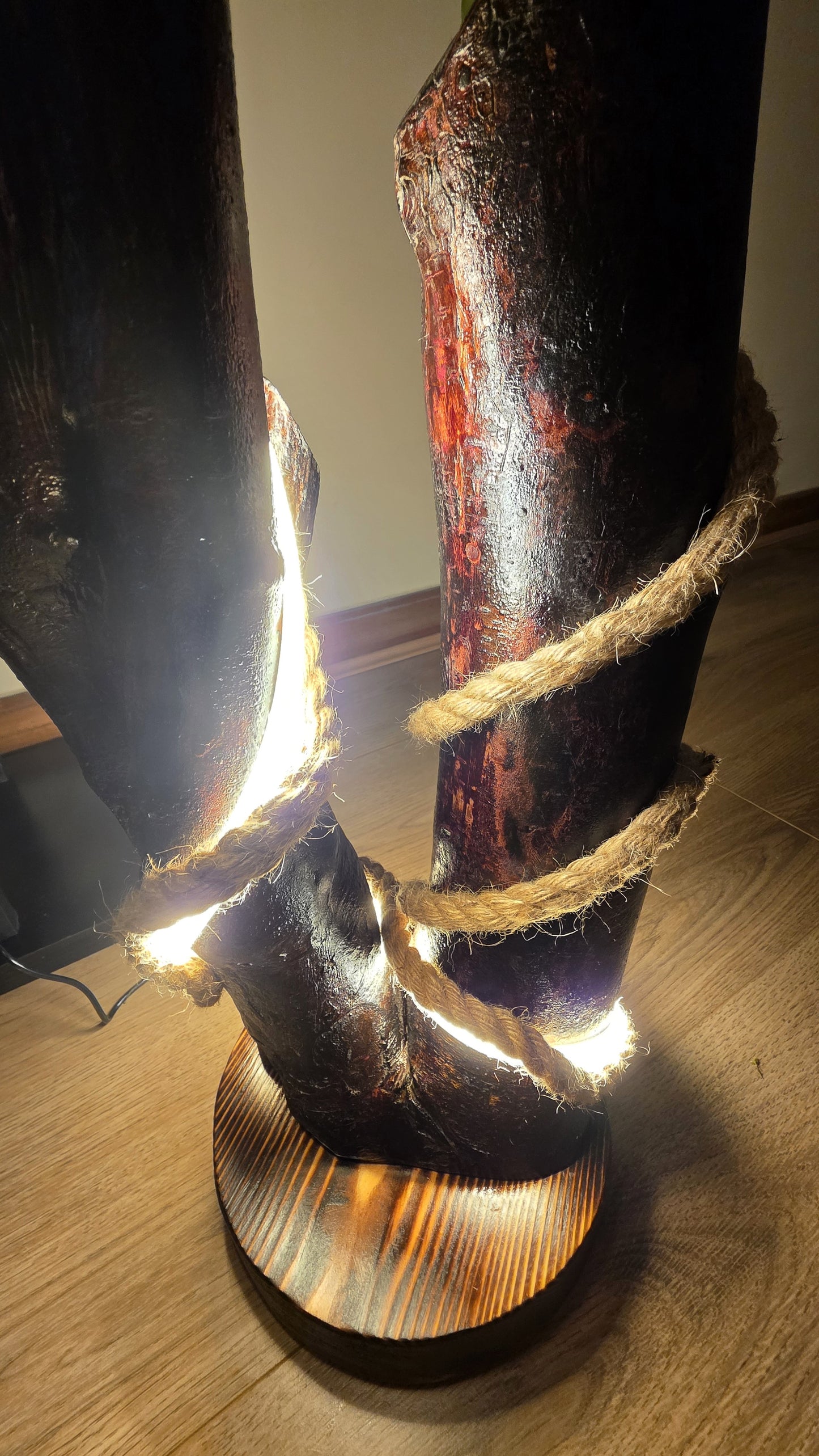 Sculptural Wooden LED Lamp with Integrated Strip Light & Jute Rope