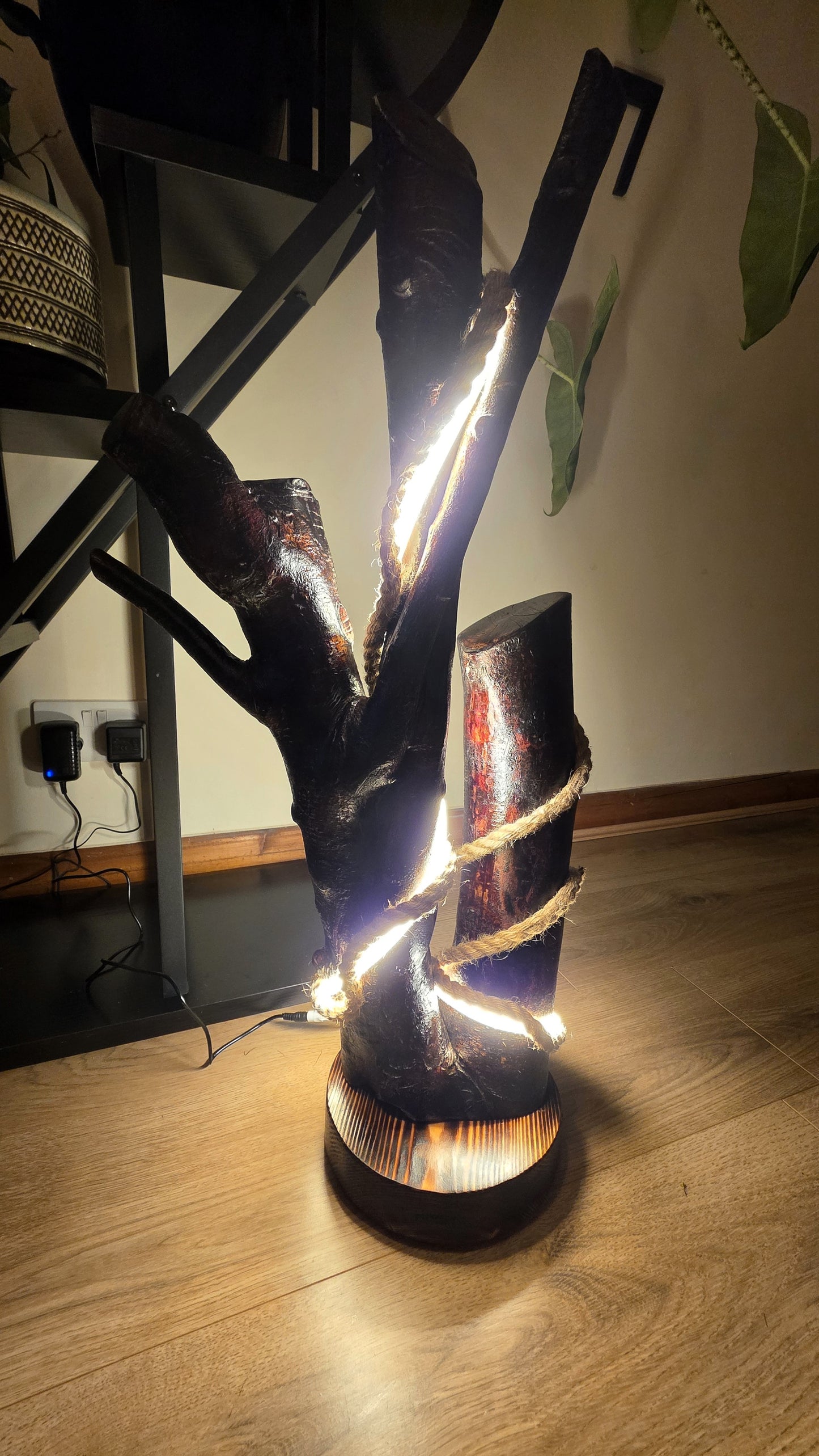 Sculptural Wooden LED Lamp with Integrated Strip Light & Jute Rope