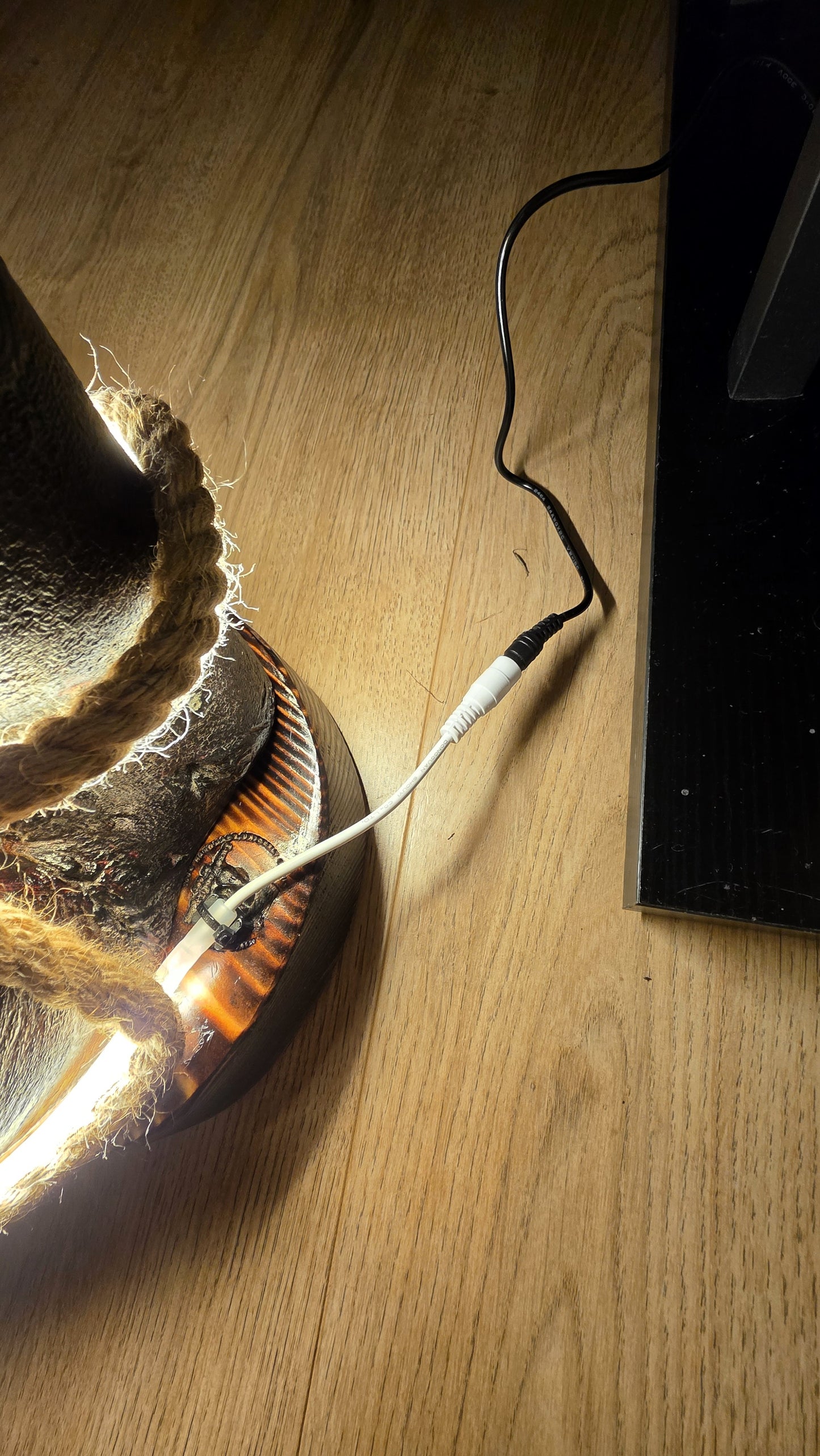 Sculptural Wooden LED Lamp with Integrated Strip Light & Jute Rope