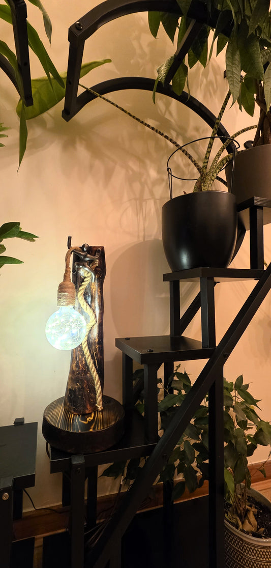 Artisan Wooden Lamp with Decorative Metal Accent & Glass Globe