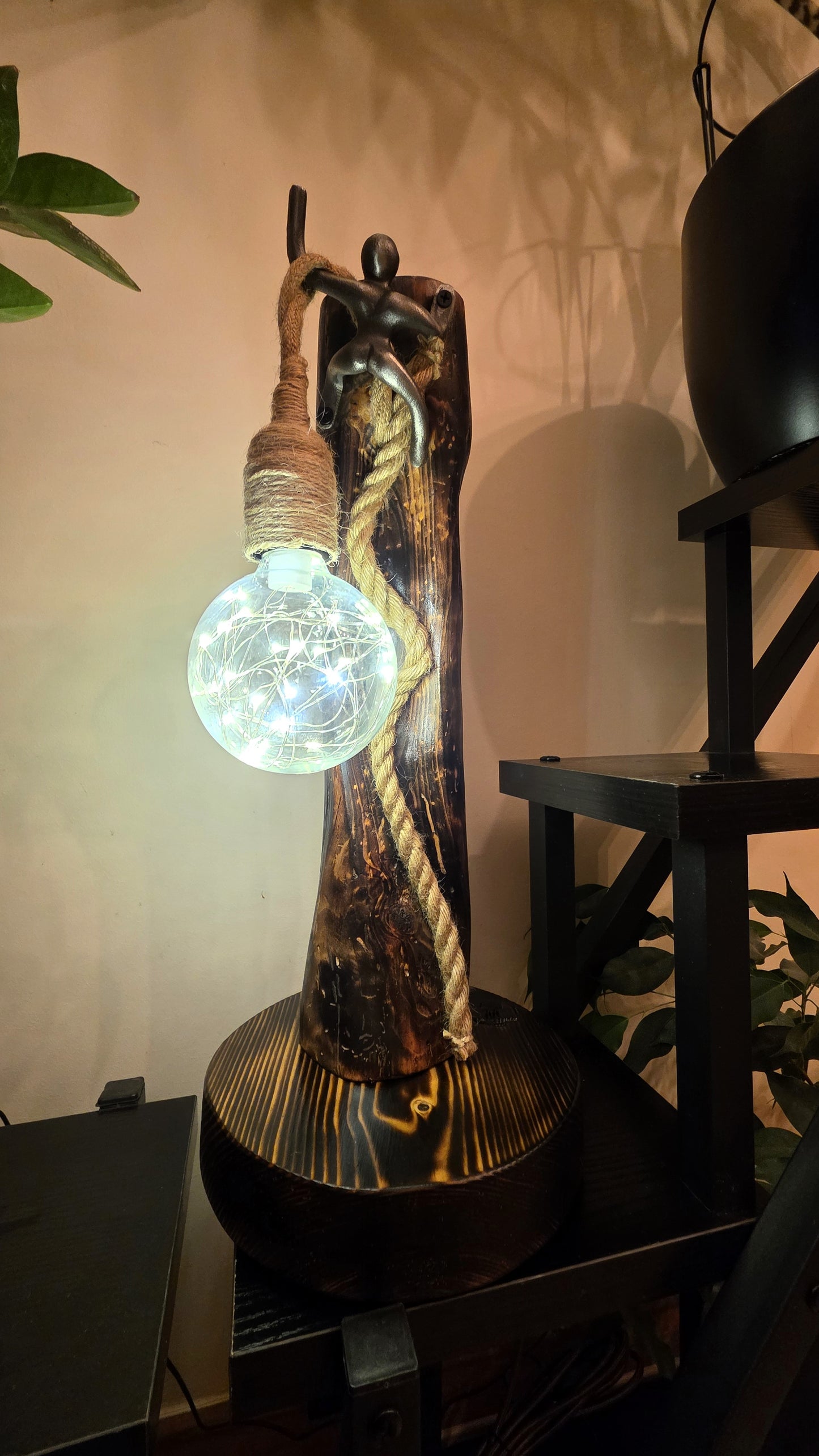 Artisan Wooden Lamp with Decorative Metal Accent & Glass Globe