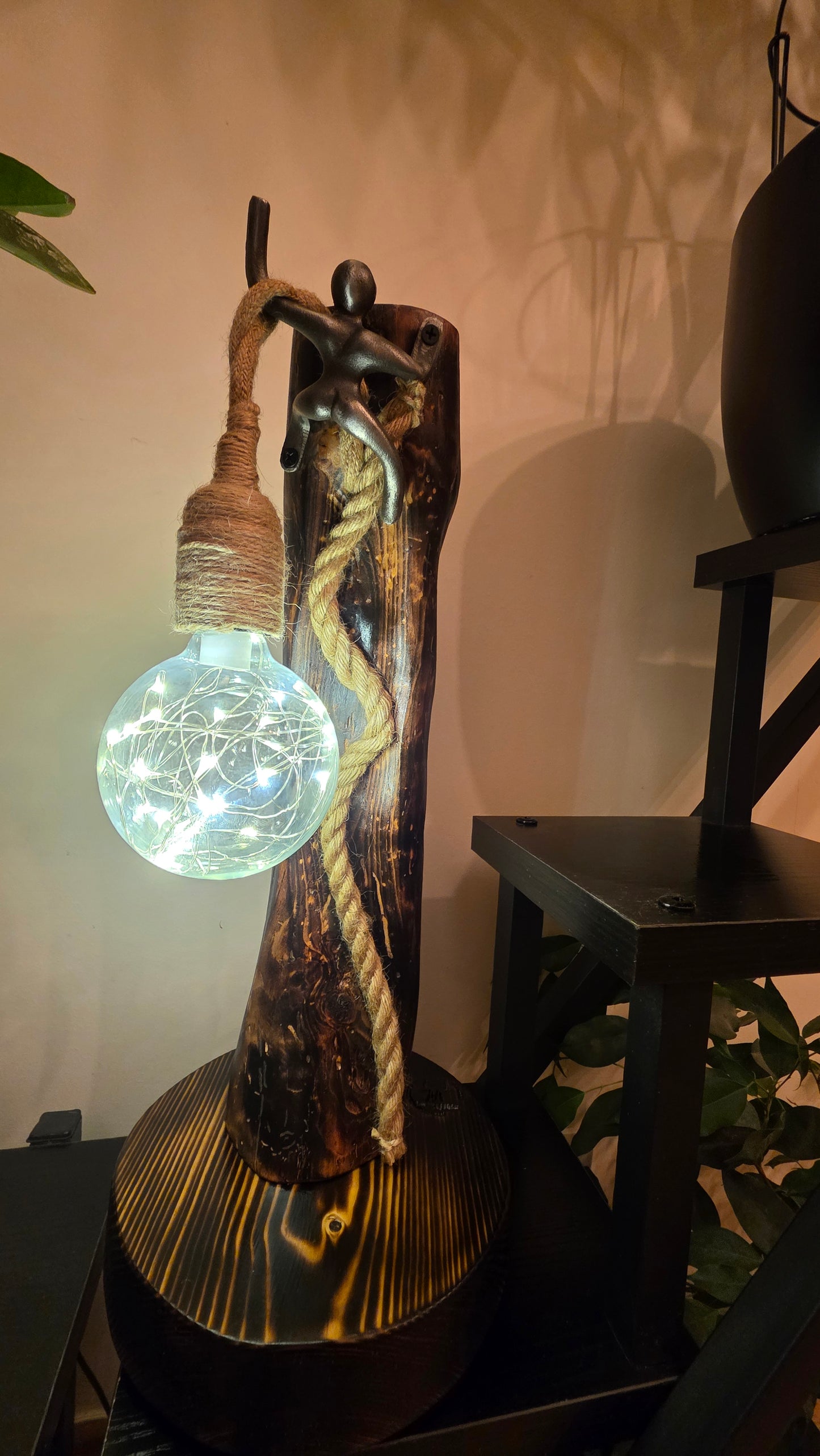 Artisan Wooden Lamp with Decorative Metal Accent & Glass Globe