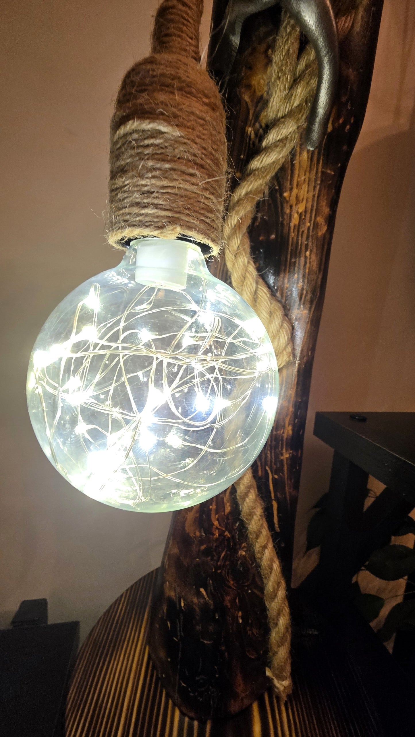 Artisan Wooden Lamp with Decorative Metal Accent & Glass Globe