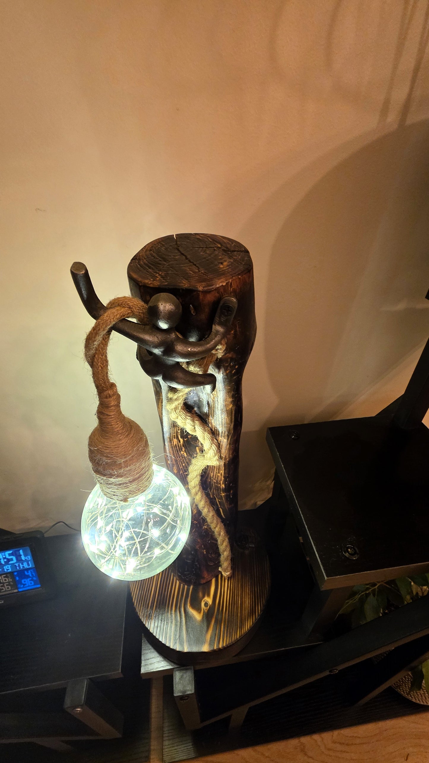 Artisan Wooden Lamp with Decorative Metal Accent & Glass Globe