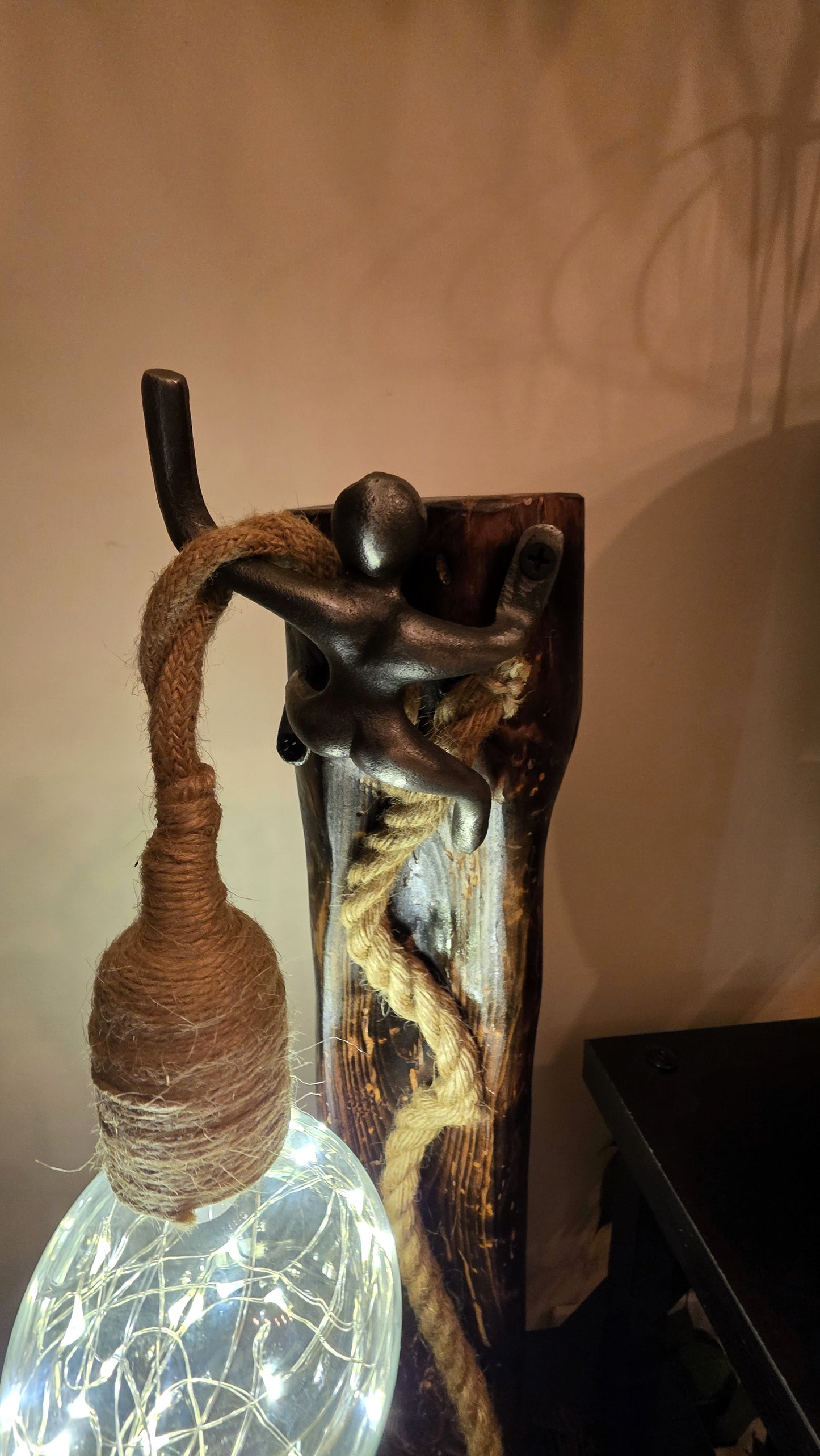 Artisan Wooden Lamp with Decorative Metal Accent & Glass Globe