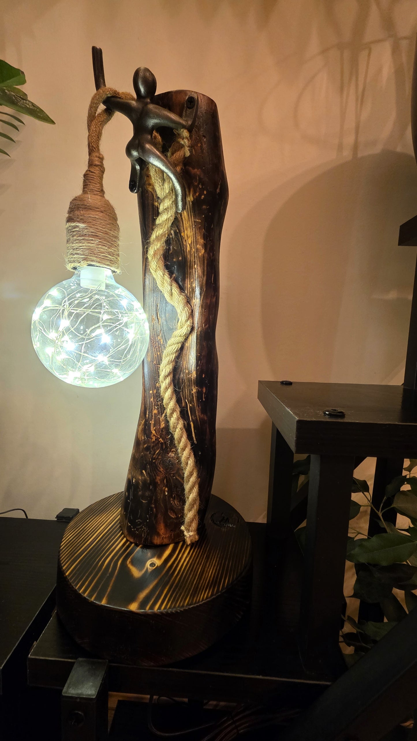Artisan Wooden Lamp with Decorative Metal Accent & Glass Globe