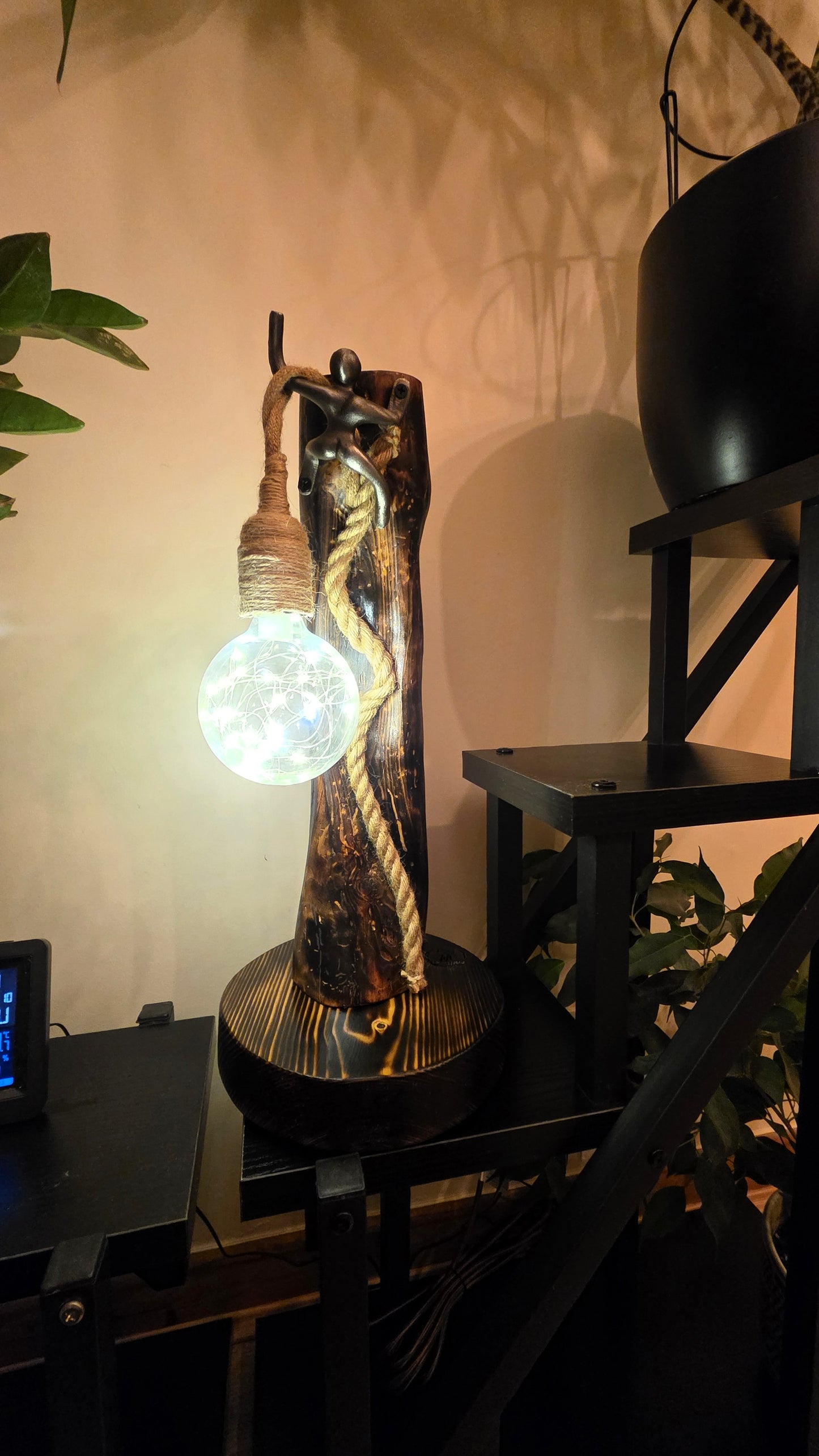 Artisan Wooden Lamp with Decorative Metal Accent & Glass Globe
