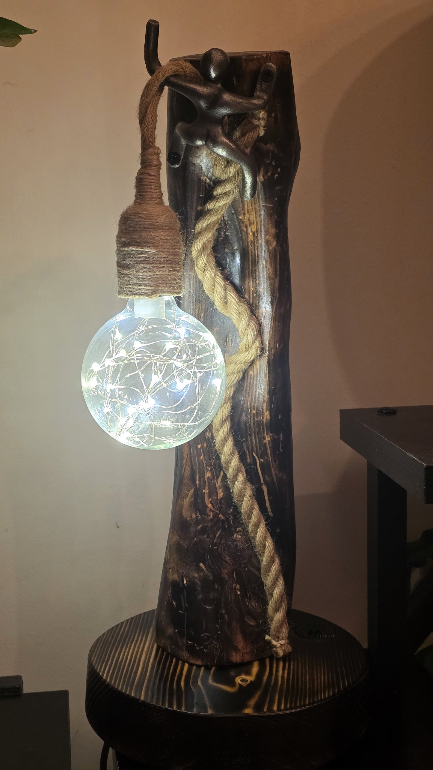 Artisan Wooden Lamp with Decorative Metal Accent & Glass Globe