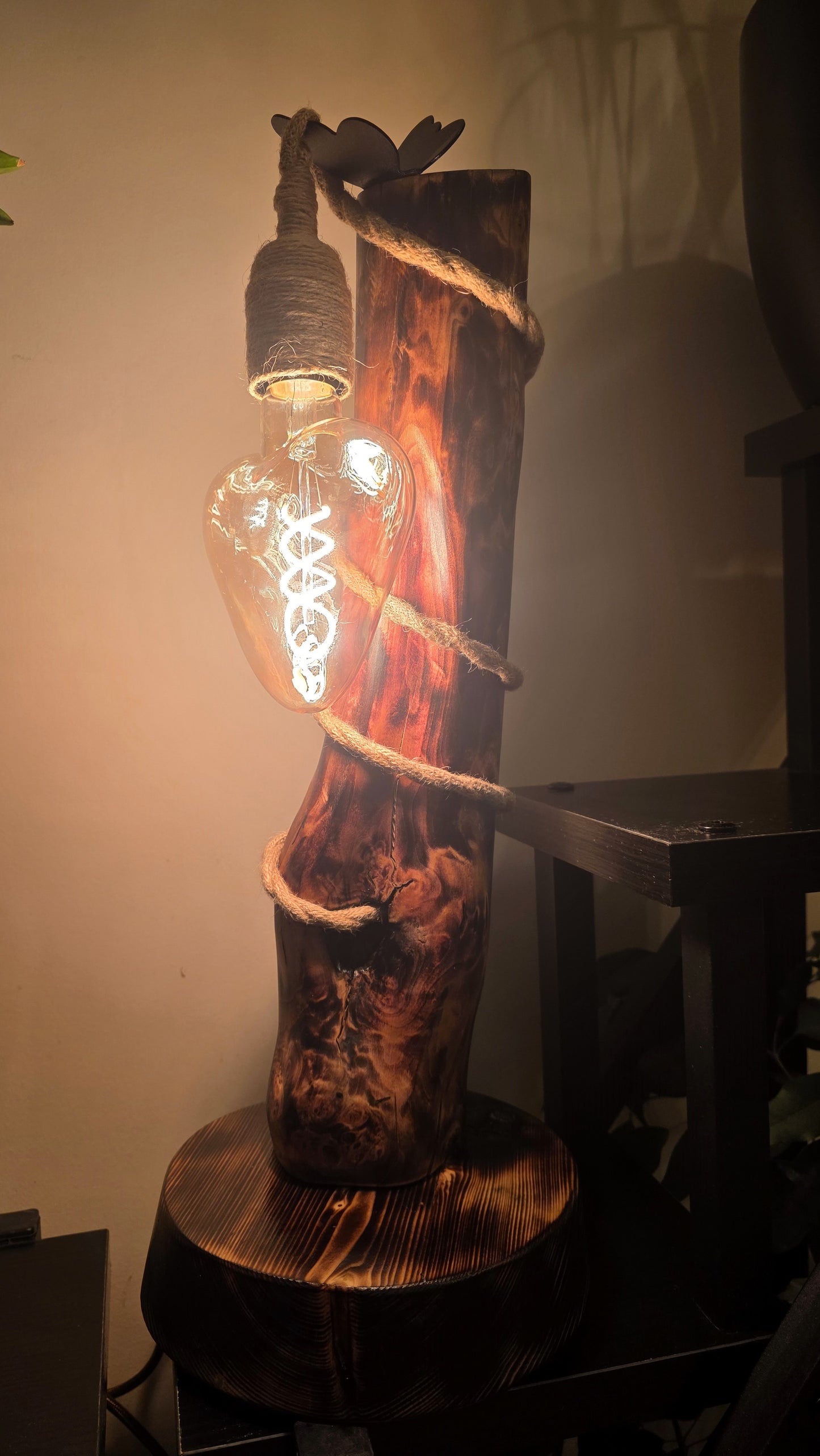 Rustic Boho Wooden Table Lamp with Jute Rope & Edison Bulb