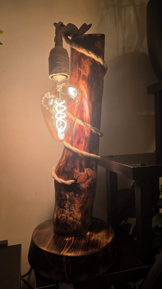 Rustic Boho Wooden Table Lamp with Jute Rope & Edison Bulb