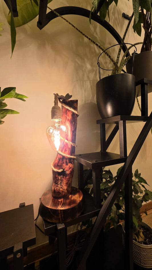 Rustic Boho Wooden Table Lamp with Jute Rope & Edison Bulb