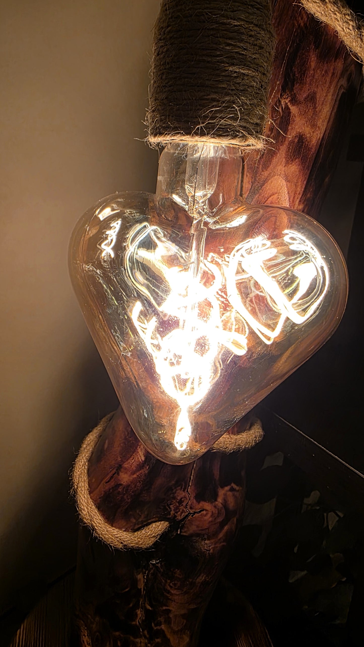 Rustic Boho Wooden Table Lamp with Jute Rope & Edison Bulb