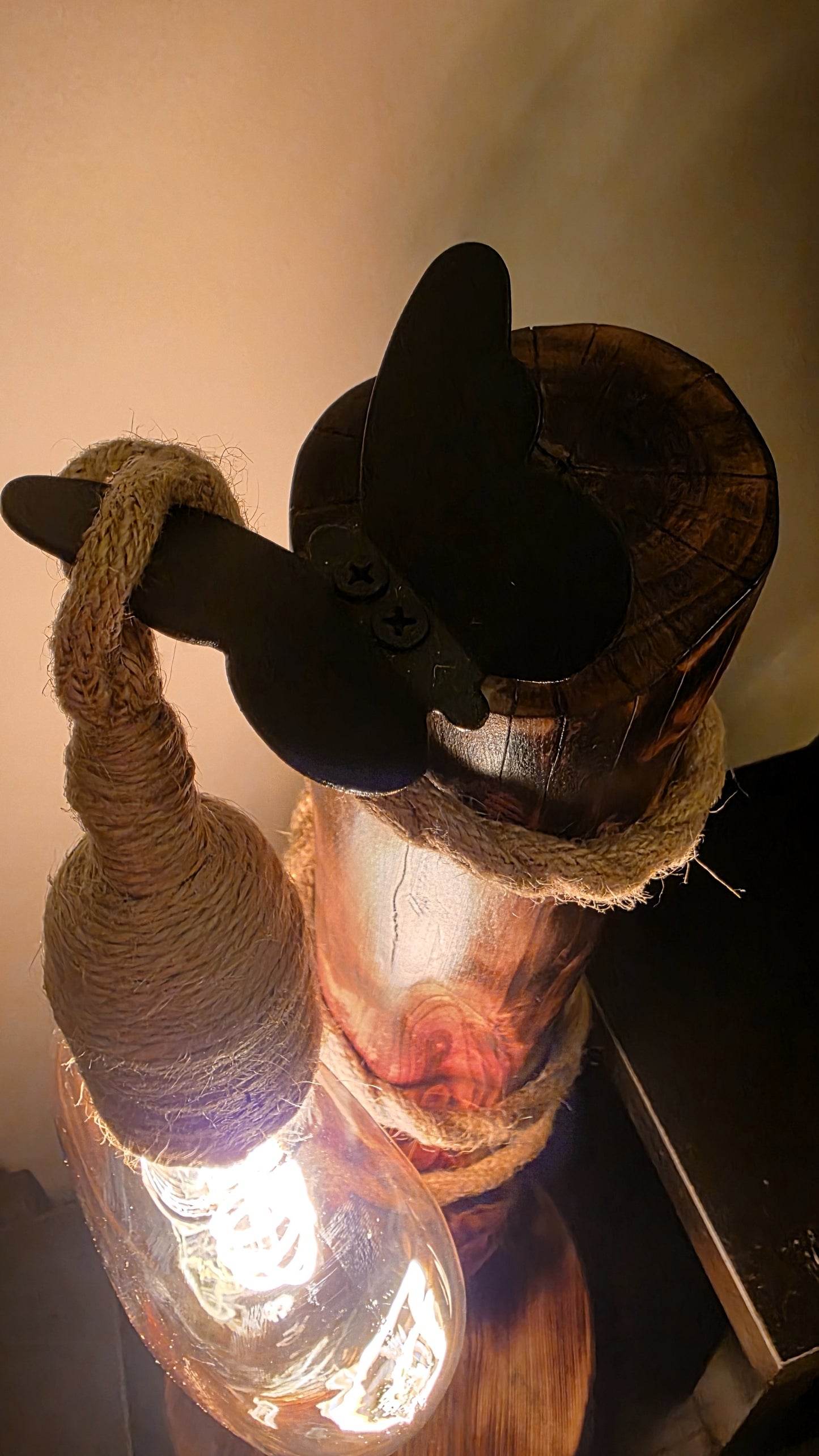 Rustic Boho Wooden Table Lamp with Jute Rope & Edison Bulb