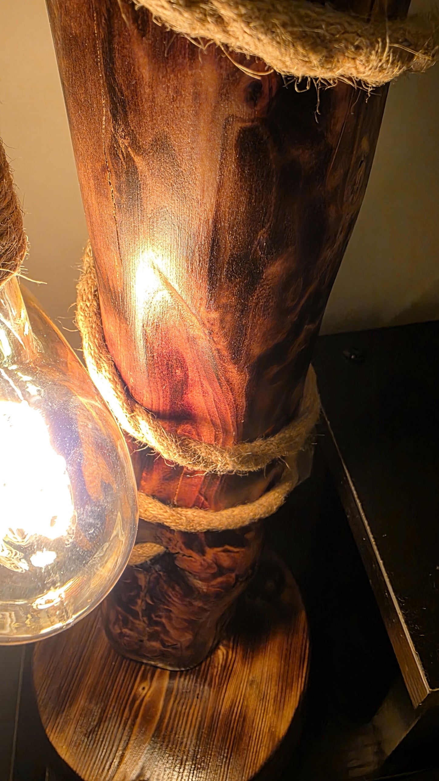 Rustic Boho Wooden Table Lamp with Jute Rope & Edison Bulb