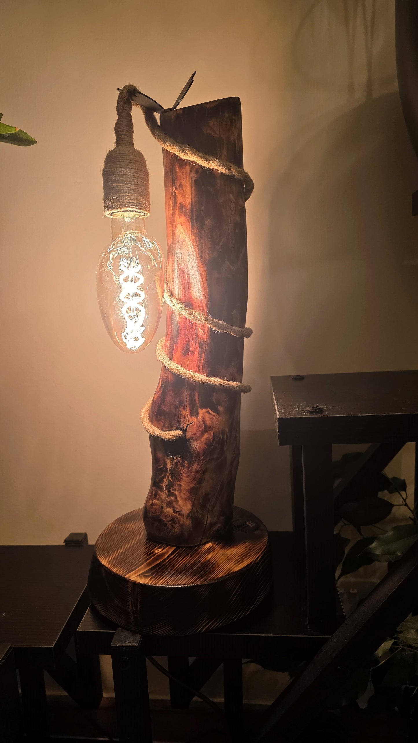 Rustic Boho Wooden Table Lamp with Jute Rope & Edison Bulb