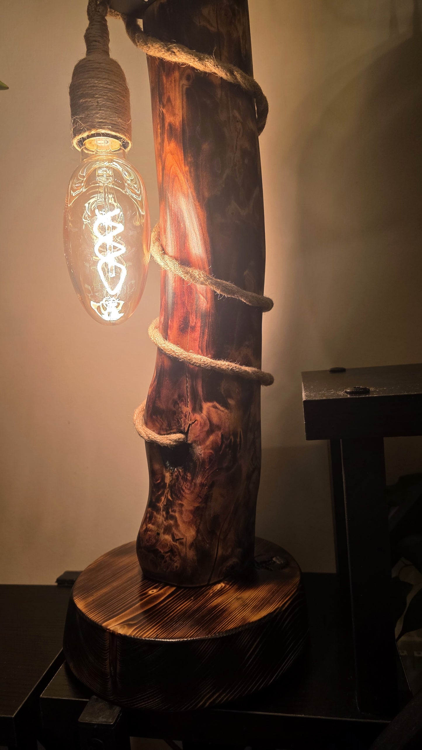 Rustic Boho Wooden Table Lamp with Jute Rope & Edison Bulb