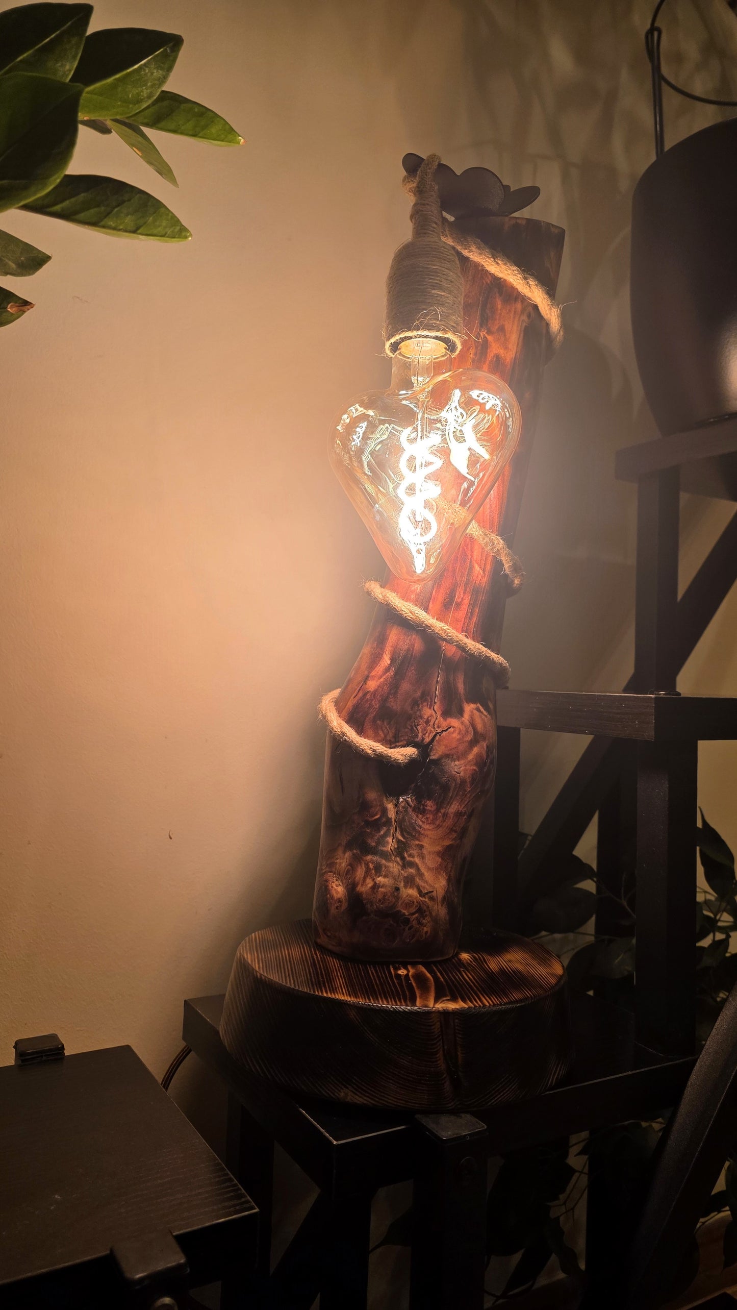 Rustic Boho Wooden Table Lamp with Jute Rope & Edison Bulb