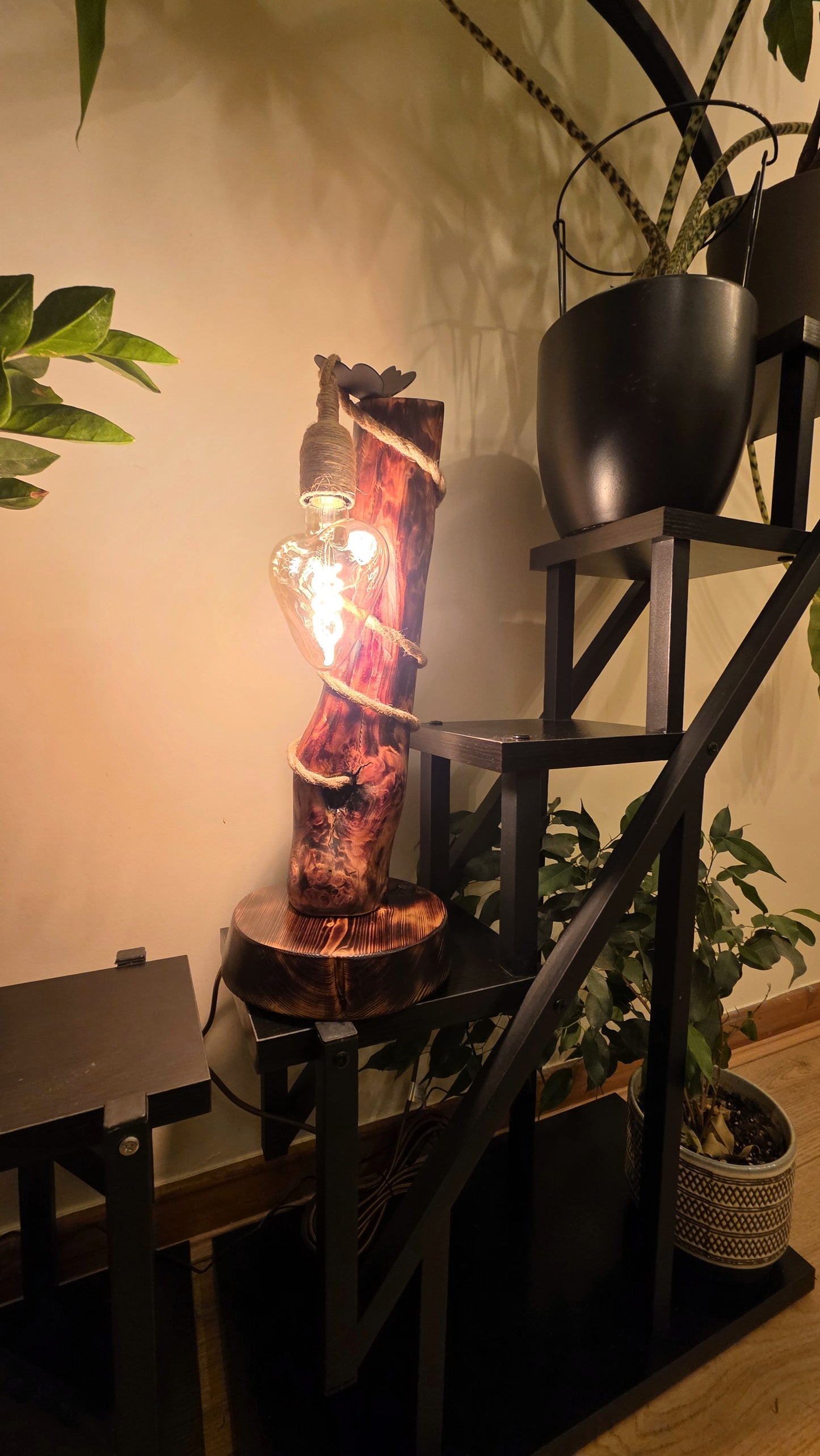 Rustic Boho Wooden Table Lamp with Jute Rope & Edison Bulb