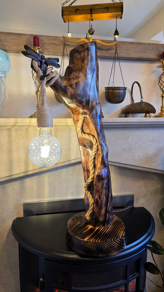 Rustic Apple Wood Dragonfly Lamp – Handmade Boho Wooden Table Lamp