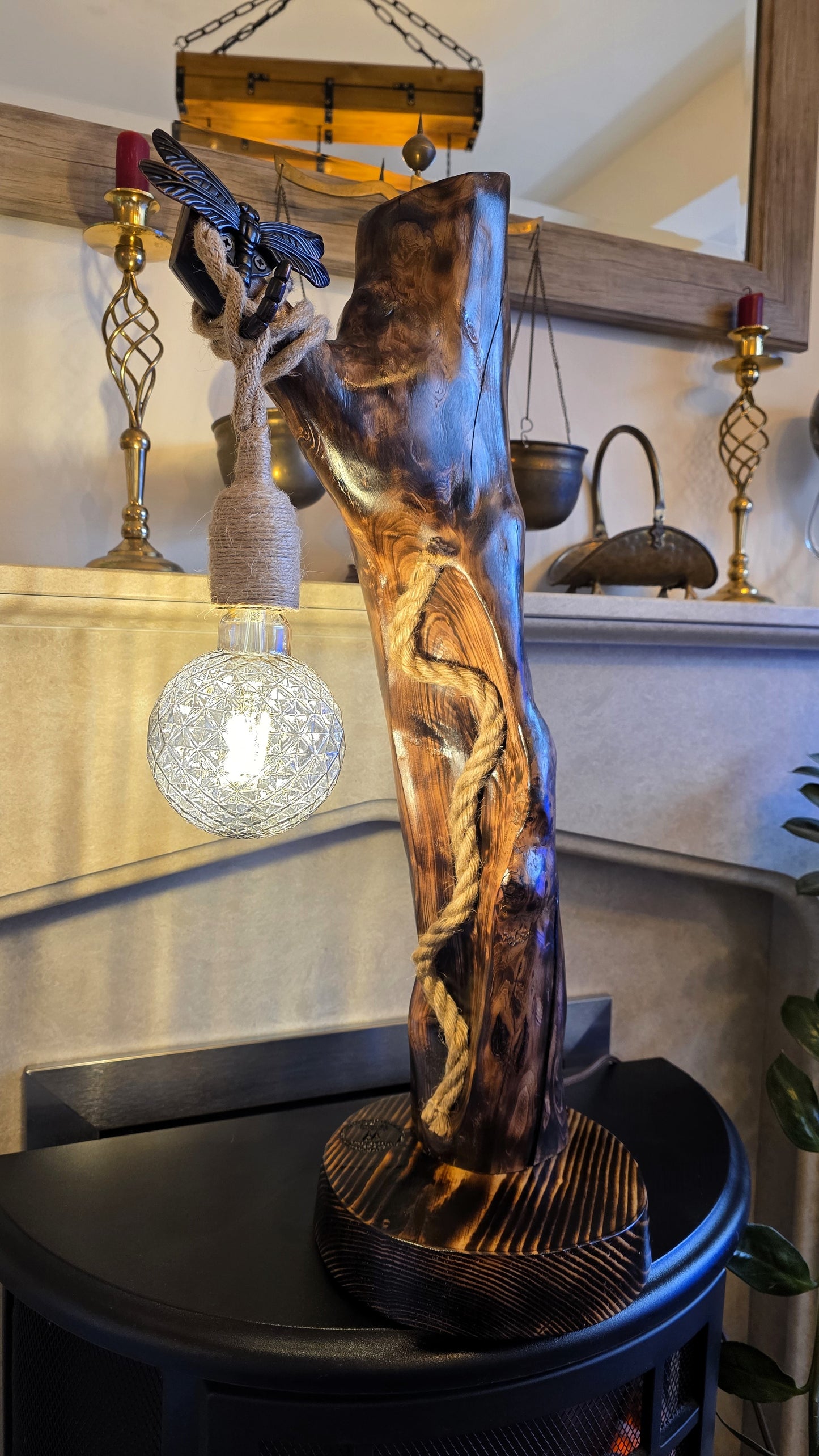 Rustic Apple Wood Dragonfly Lamp – Handmade Boho Wooden Table Lamp