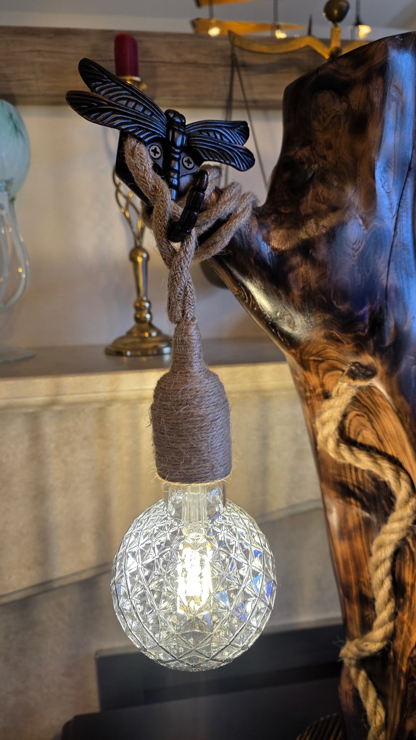 Rustic Apple Wood Dragonfly Lamp – Handmade Boho Wooden Table Lamp