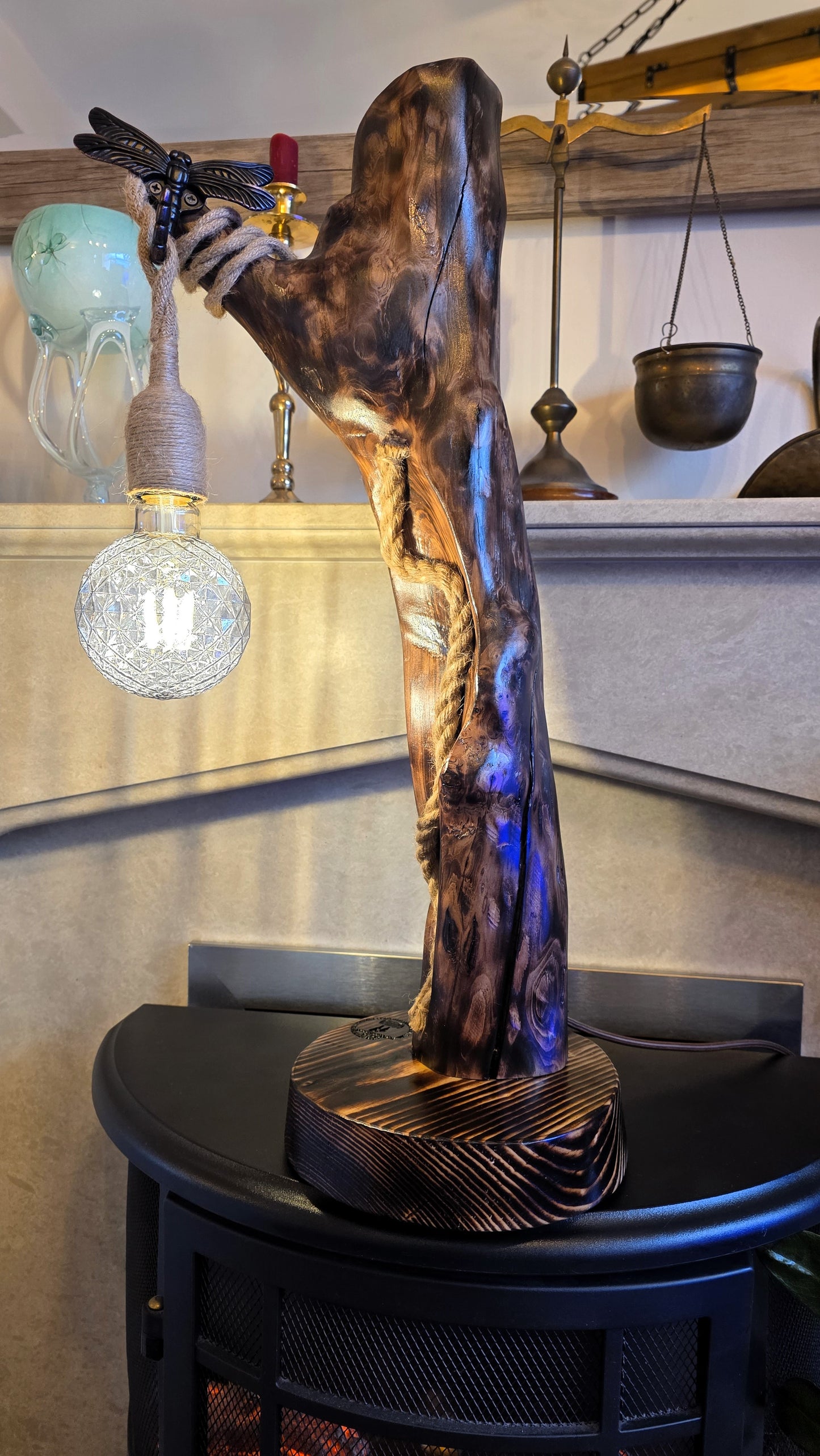 Rustic Apple Wood Dragonfly Lamp – Handmade Boho Wooden Table Lamp