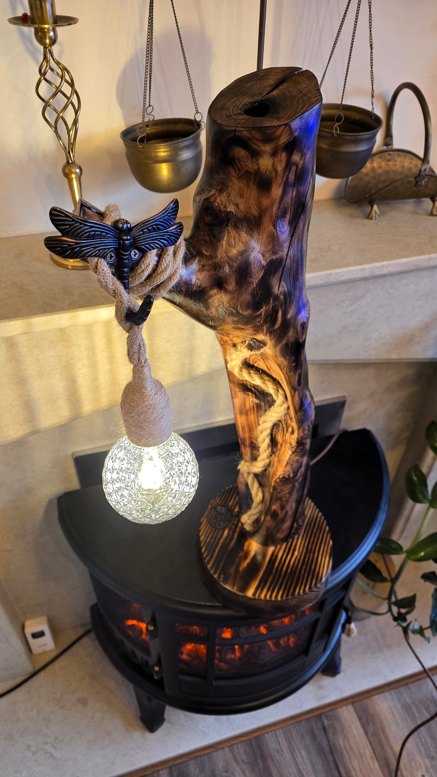 Rustic Apple Wood Dragonfly Lamp – Handmade Boho Wooden Table Lamp