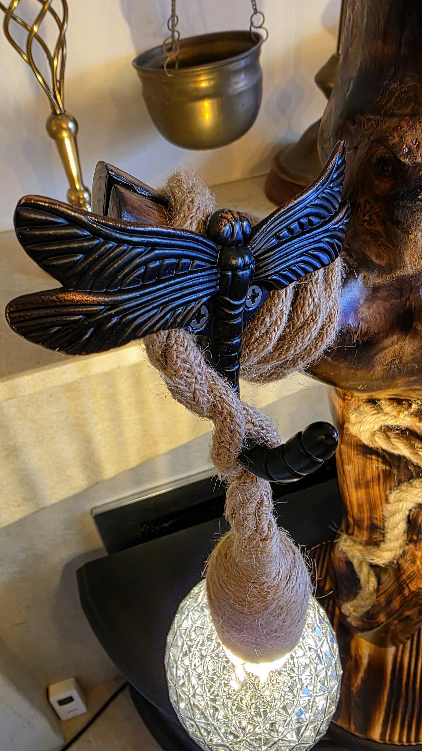 Rustic Apple Wood Dragonfly Lamp – Handmade Boho Wooden Table Lamp