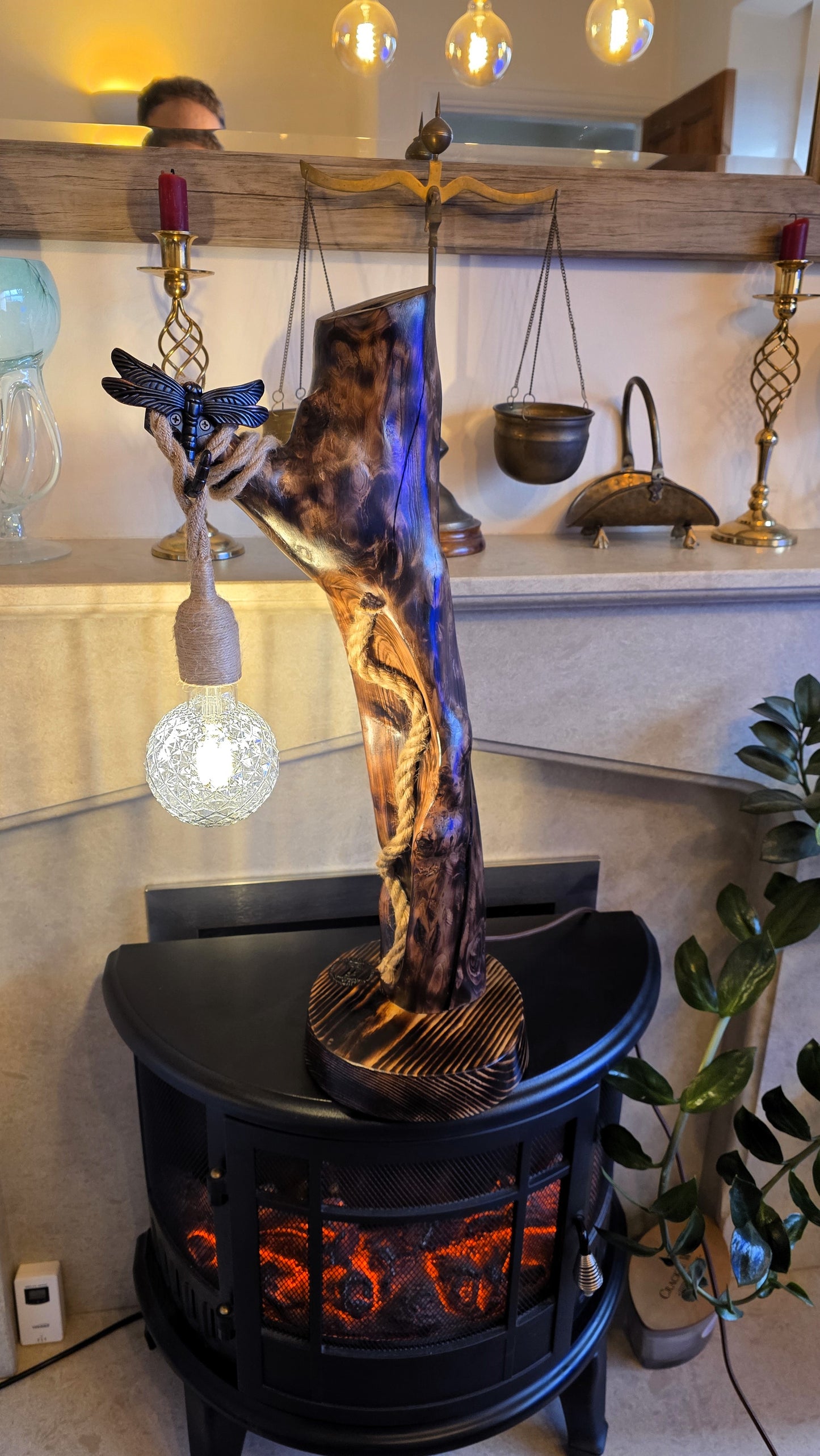 Rustic Apple Wood Dragonfly Lamp – Handmade Boho Wooden Table Lamp