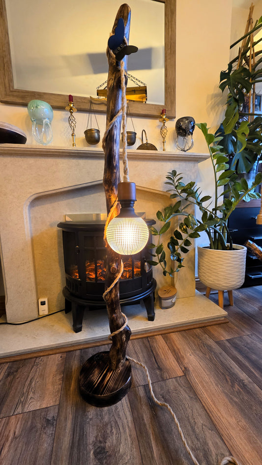 Tall Driftwood Rustic Boho Floor Lamp with Butterfly – Handmade Wooden Lamp