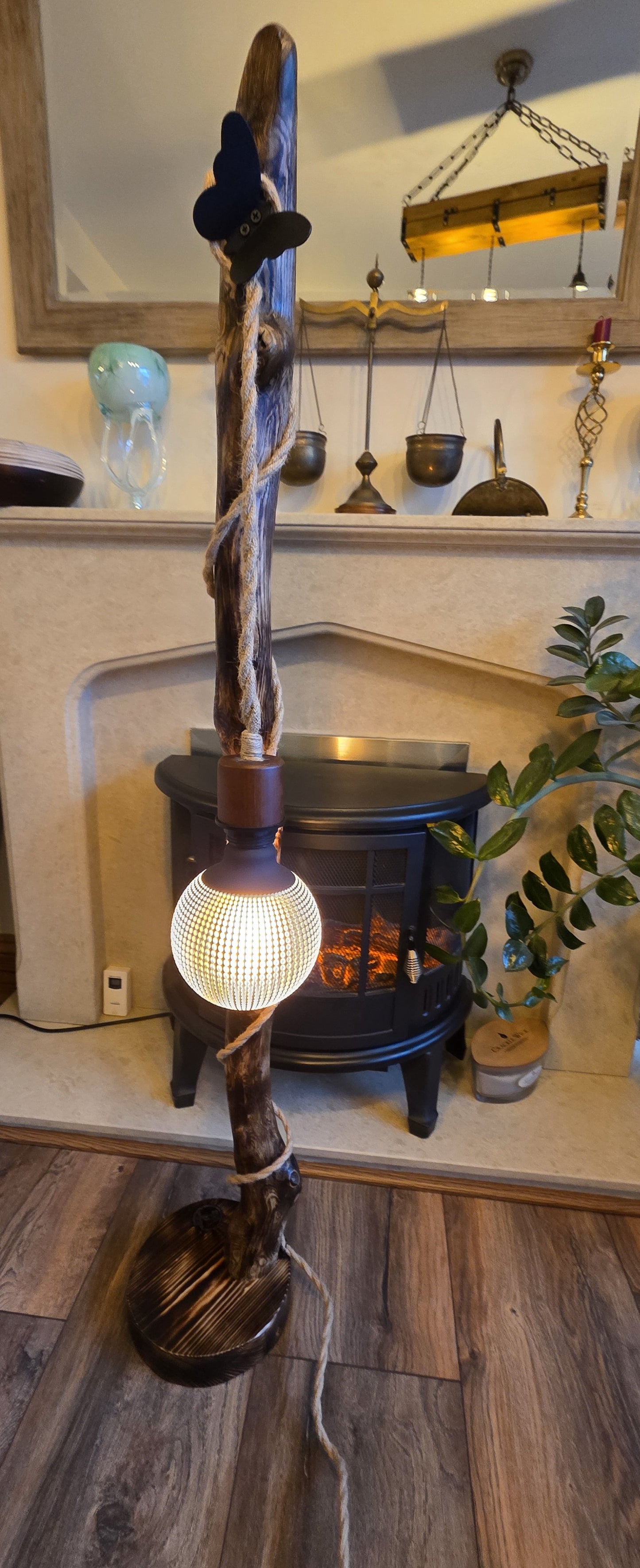 Tall Driftwood Rustic Boho Floor Lamp with Butterfly – Handmade Wooden Lamp