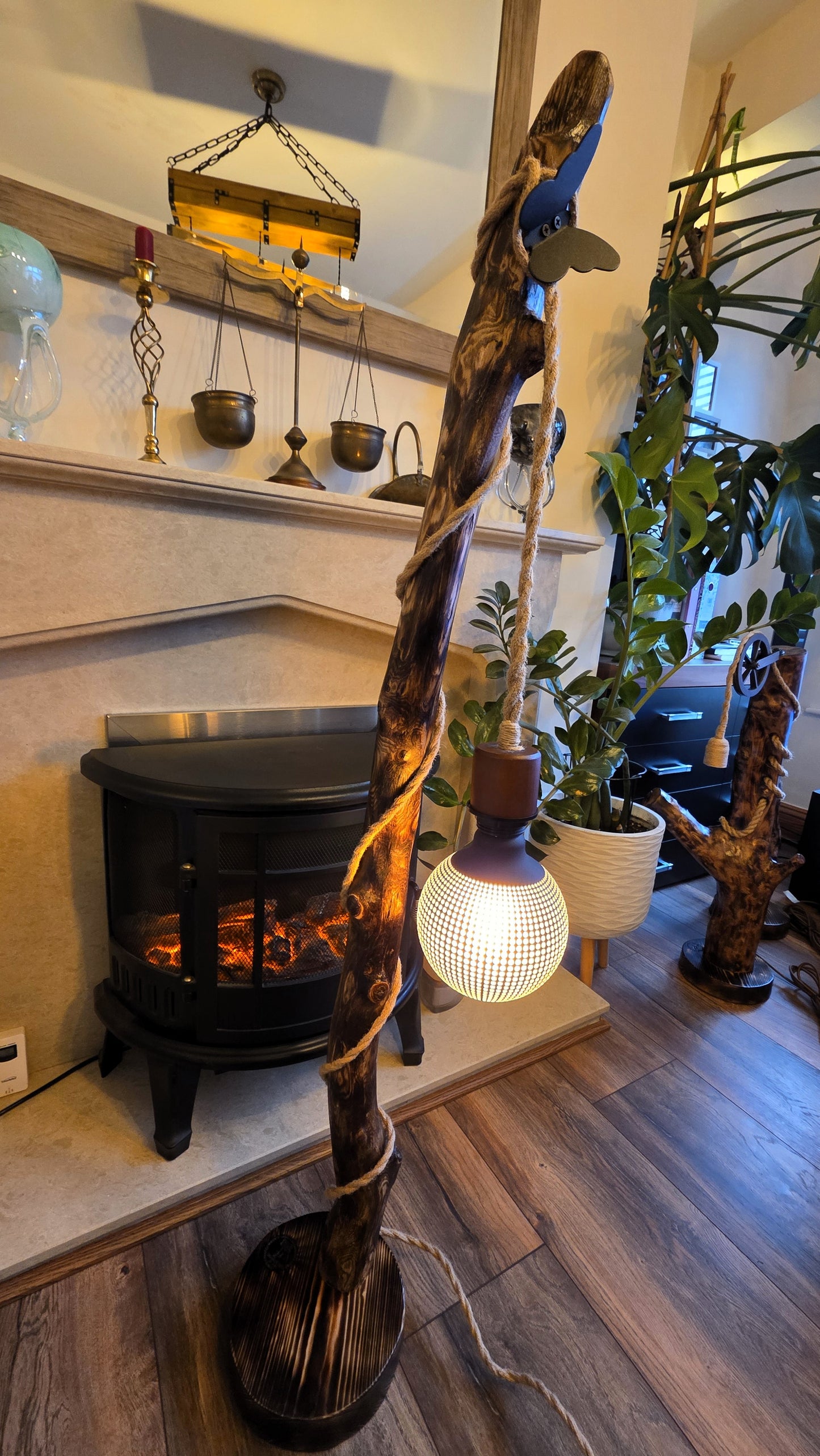 Tall Driftwood Rustic Boho Floor Lamp with Butterfly – Handmade Wooden Lamp