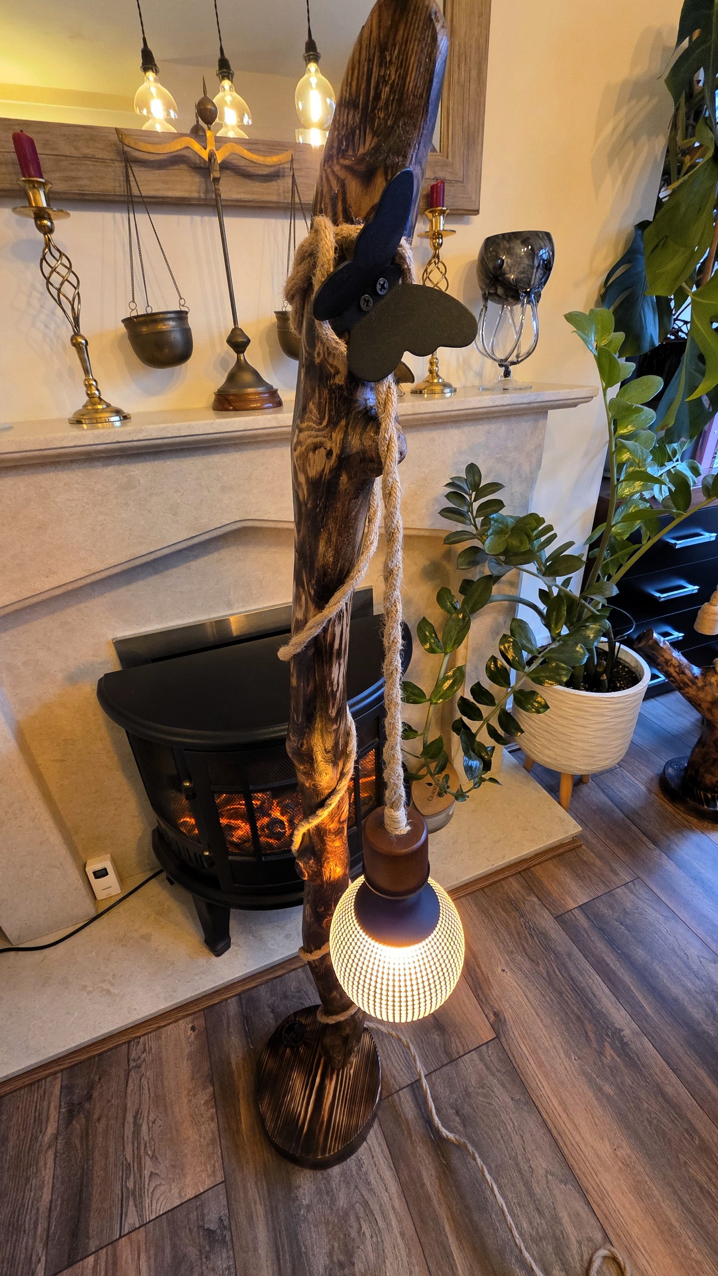 Tall Driftwood Rustic Boho Floor Lamp with Butterfly – Handmade Wooden Lamp
