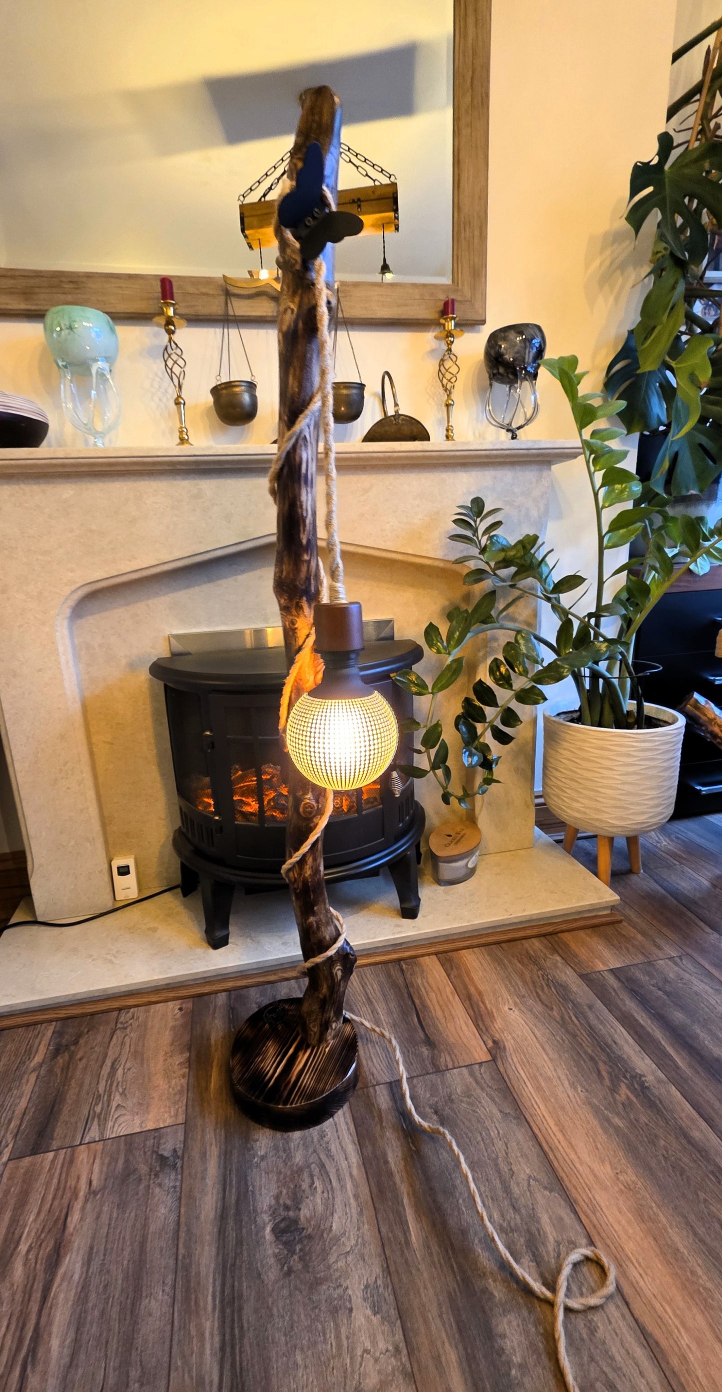 Tall Driftwood Rustic Boho Floor Lamp with Butterfly – Handmade Wooden Lamp