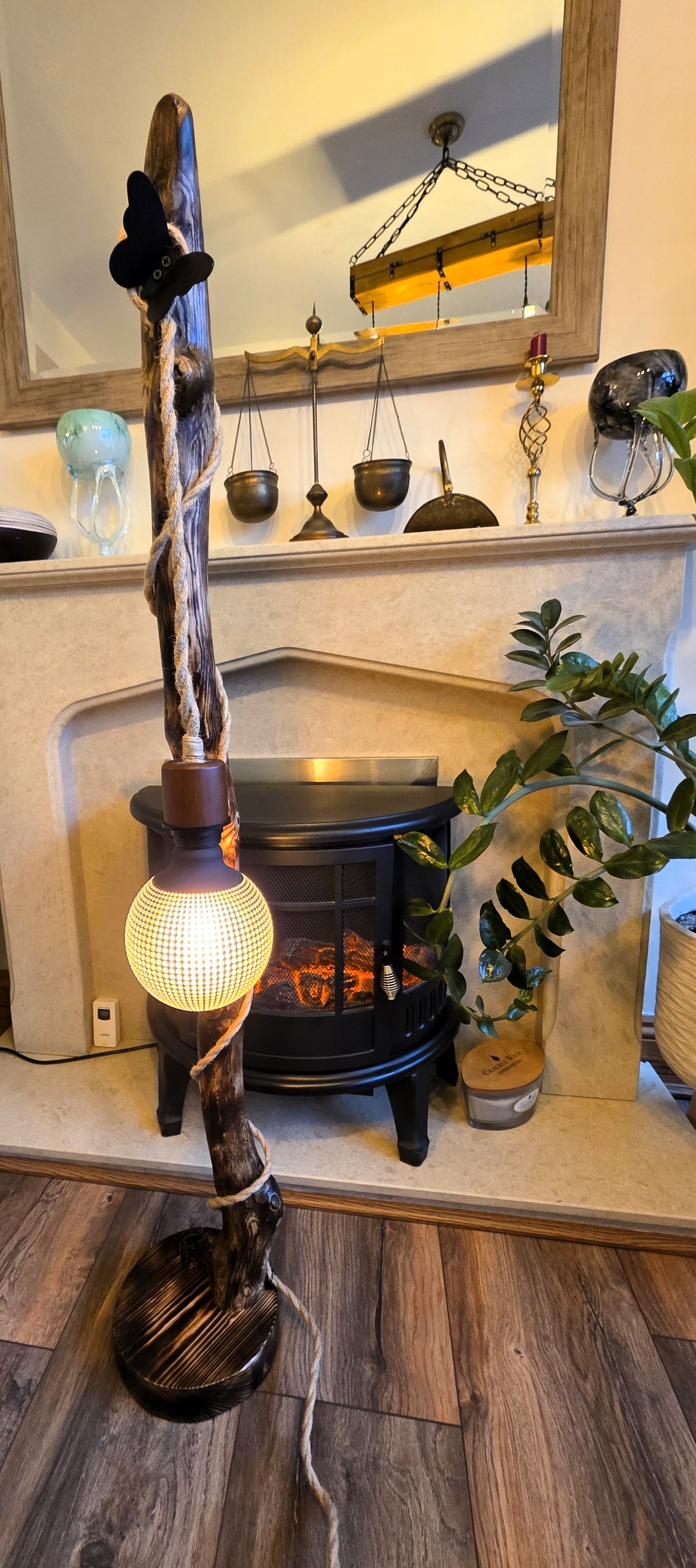 Tall Driftwood Rustic Boho Floor Lamp with Butterfly – Handmade Wooden Lamp