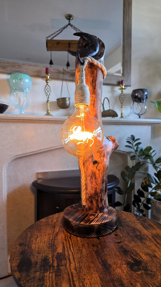 Rustic Apple Wood Lamp with Metal Moon Detail – Handmade Boho Wooden Lamp