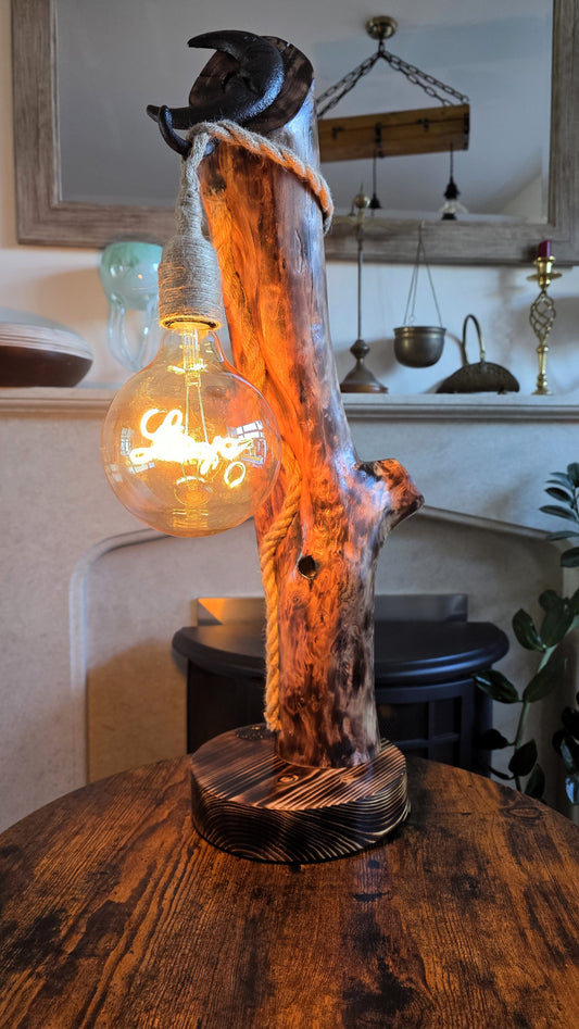 Rustic Apple Wood Lamp with Metal Moon Detail – Handmade Boho Wooden Lamp