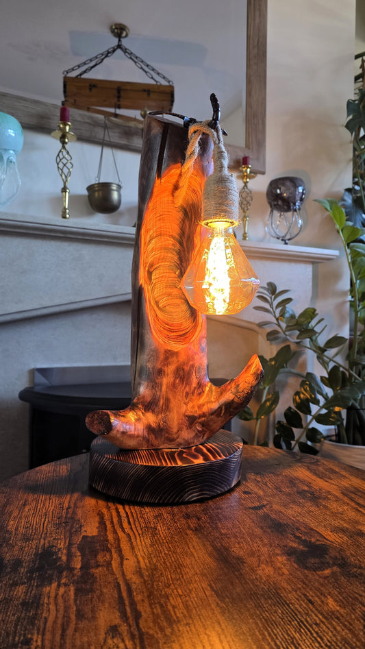 Rustic Apple Wood Glow Lamp with Natural Knot – Handmade Boho Wooden Lamp