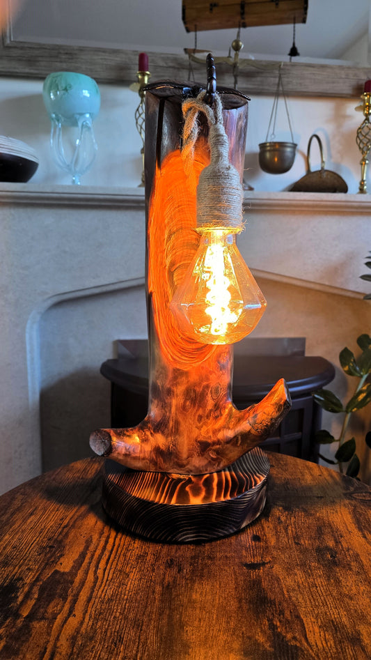 Rustic Apple Wood Glow Lamp with Natural Knot – Handmade Boho Wooden Lamp