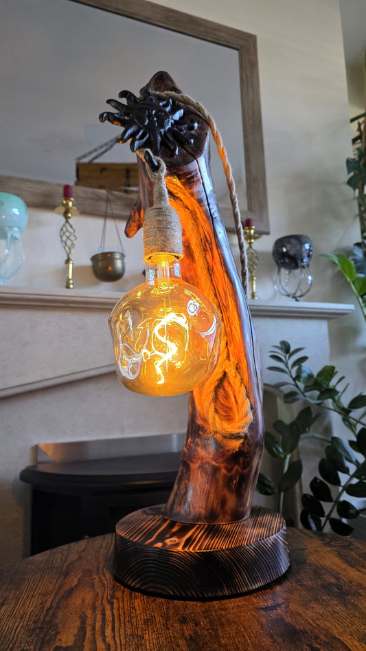 Rustic Boho Apple Wood Lamp with Sun Detail – Handmade Wooden Table Lamp