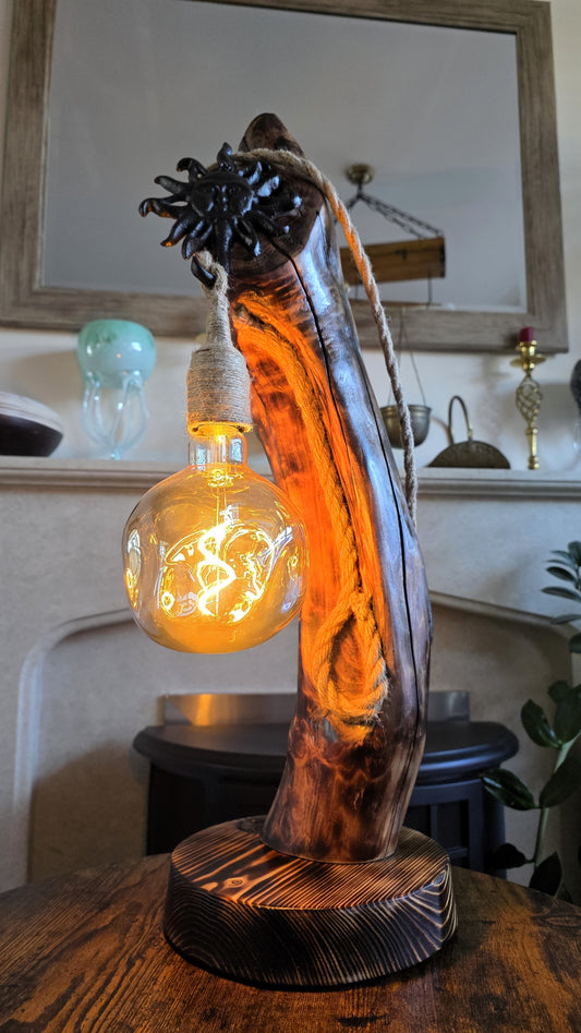 Rustic Boho Apple Wood Lamp with Sun Detail – Handmade Wooden Table Lamp