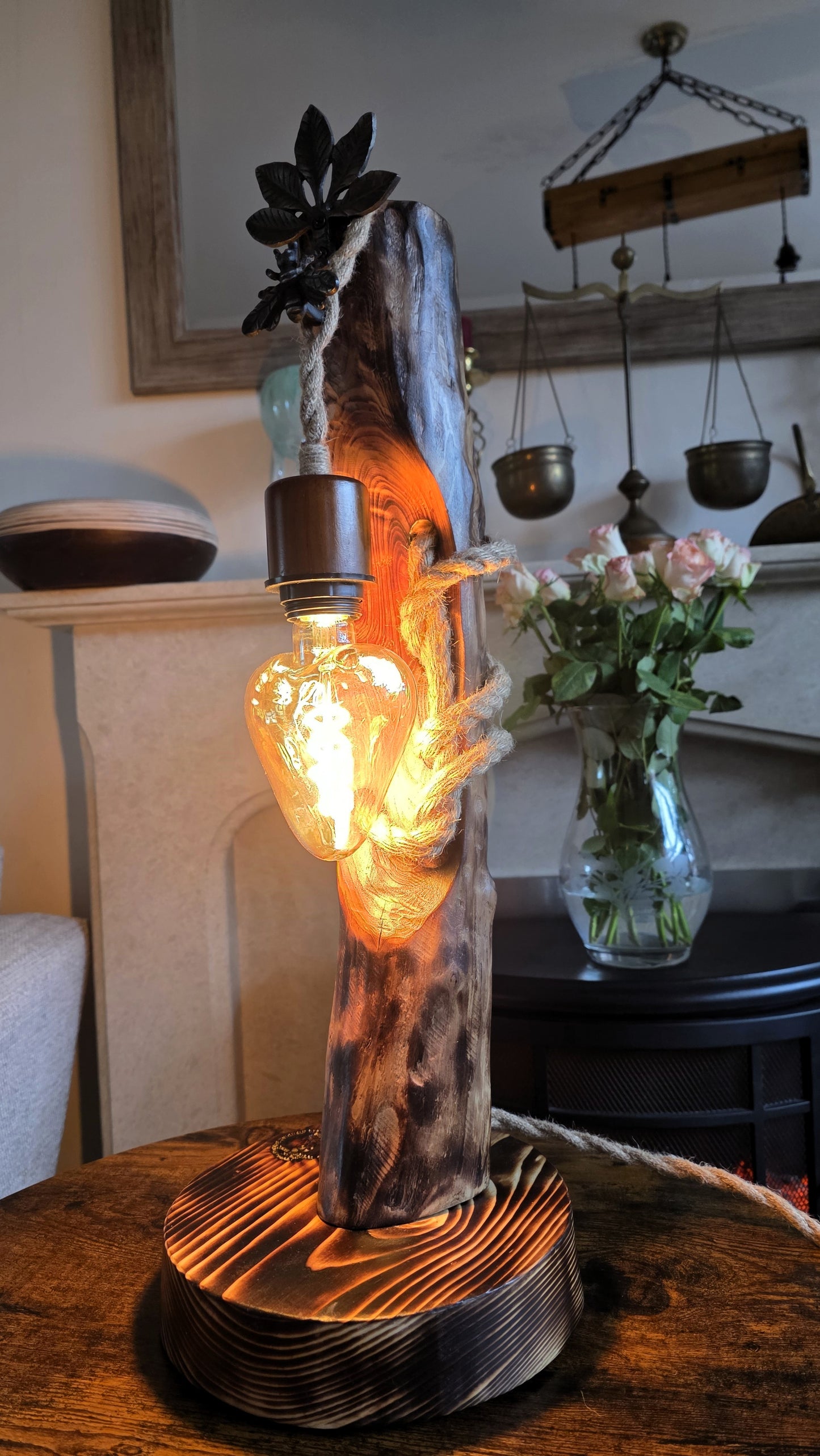 Rustic Wooden Heart Lamp with Leaf & Bee Detail 🌿🐝✨